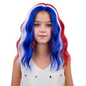 Kids Flame Fire Wig Child Short Ombre Orange Wig for Girls Cosplay Halloween Party Costume Synthetic Wigs(Blue Red White)