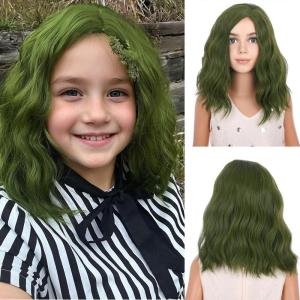 Kids Flame Fire Wig Child Short Ombre Orange Wig for Girls Cosplay Halloween Party Costume Synthetic Wigs(Olive Green)