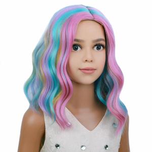 Kids Flame Fire Wig Child Short Ombre Orange Wig for Girls Cosplay Halloween Party Costume Synthetic Wigs(Rainbow)