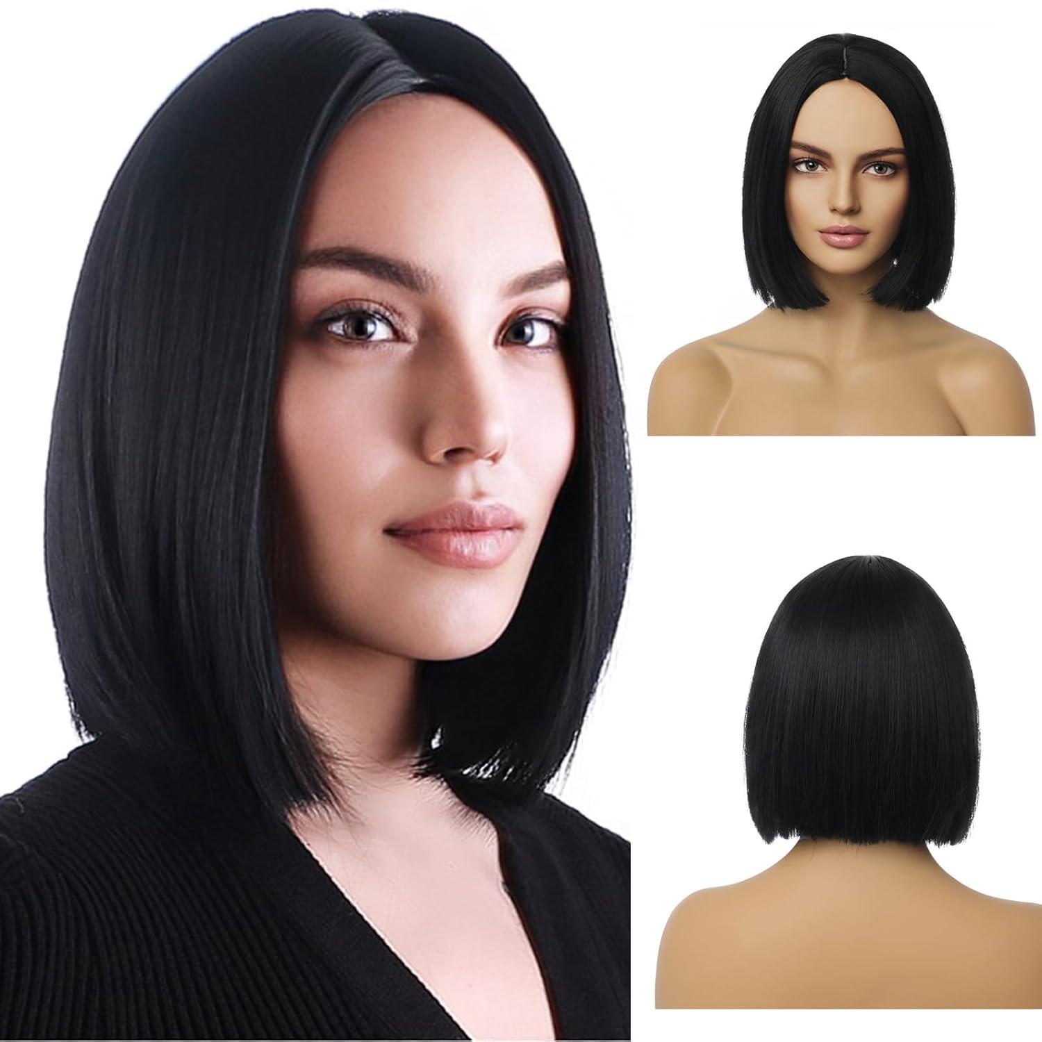 imageBlack Bob Wig for Women Short Black Wigs Straight Middle Part Black Hair Wig Natural Looking Heat Resistant Synthetic WigsBlack
