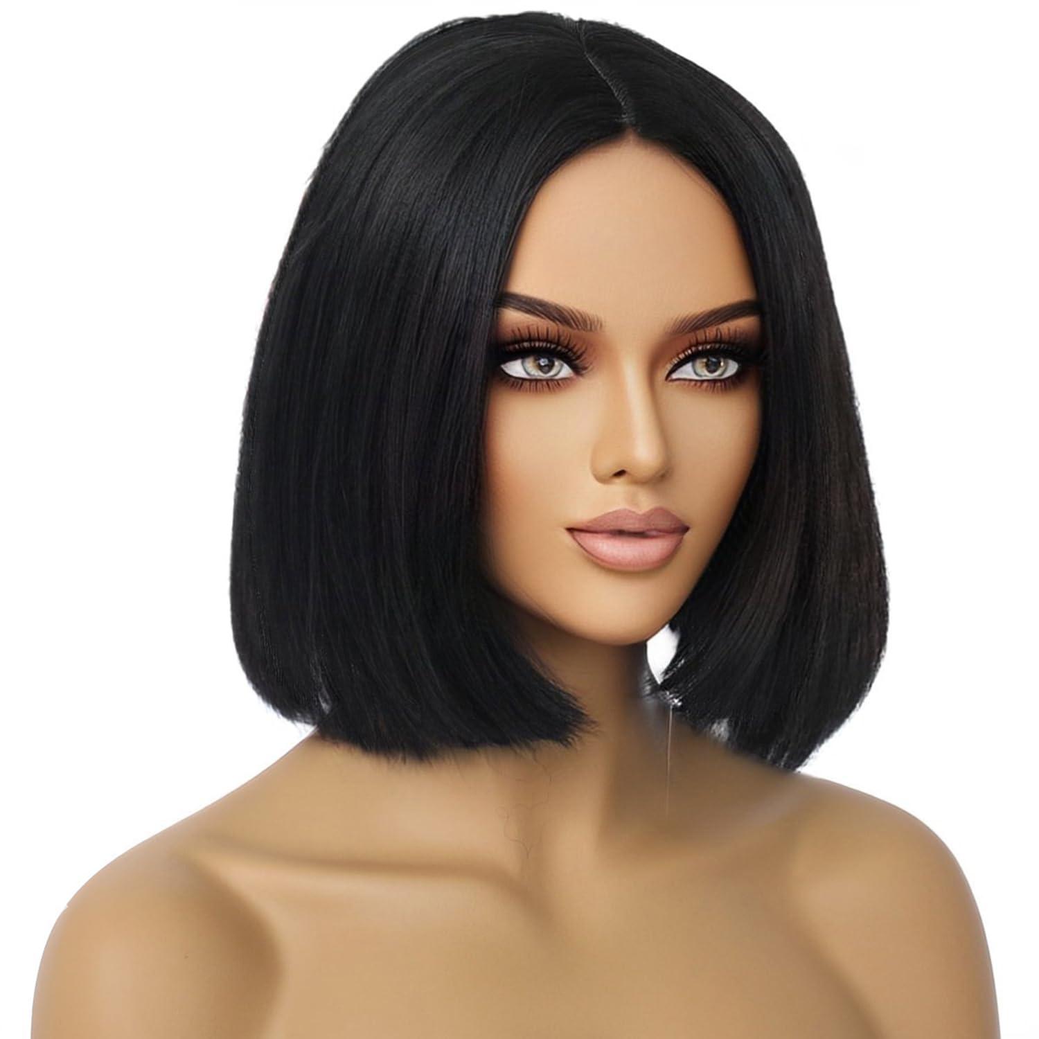 imageBlack Bob Wig for Women Short Black Wigs Straight Middle Part Black Hair Wig Natural Looking Heat Resistant Synthetic WigsBlack