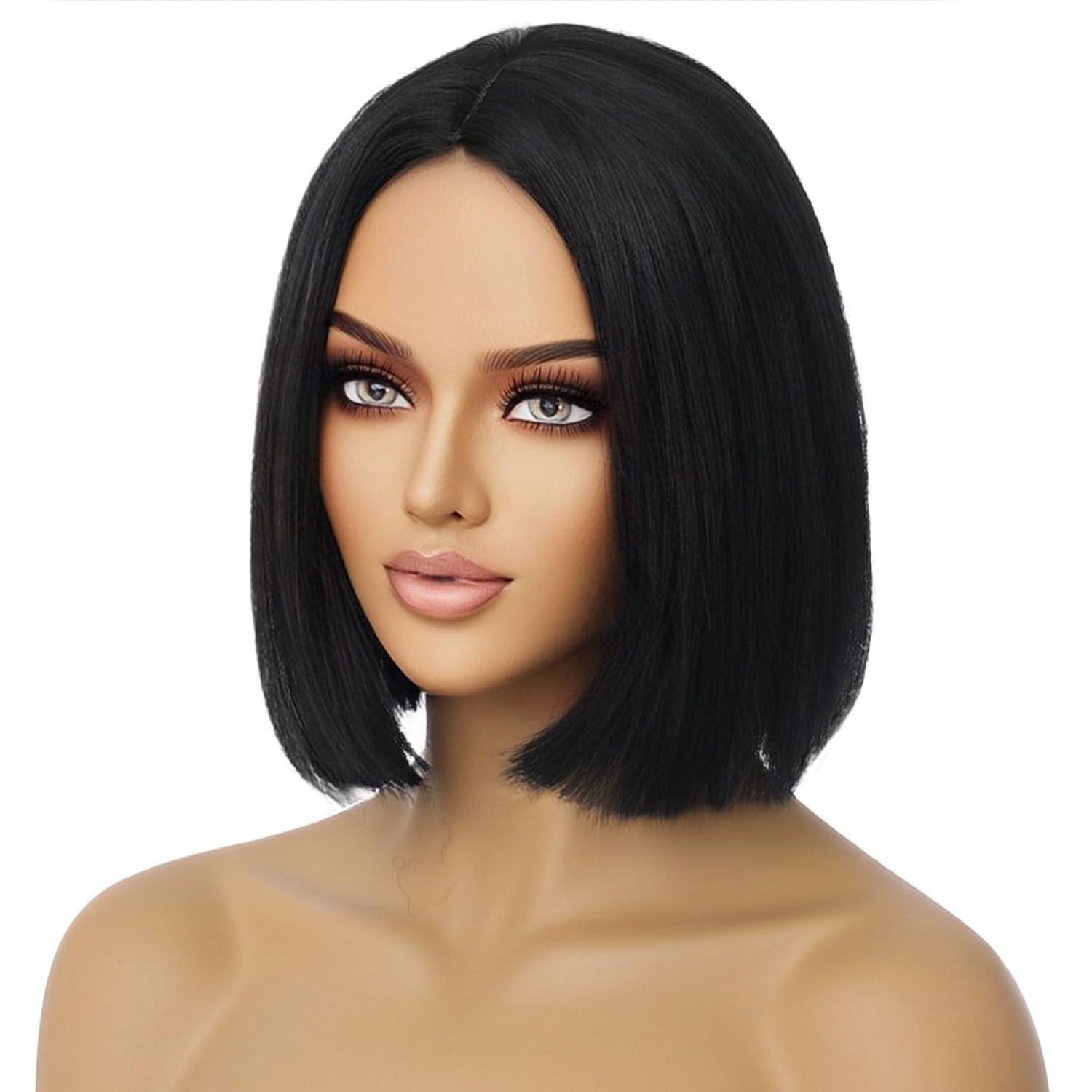 imageBlack Bob Wig for Women Short Black Wigs Straight Middle Part Black Hair Wig Natural Looking Heat Resistant Synthetic WigsBlack