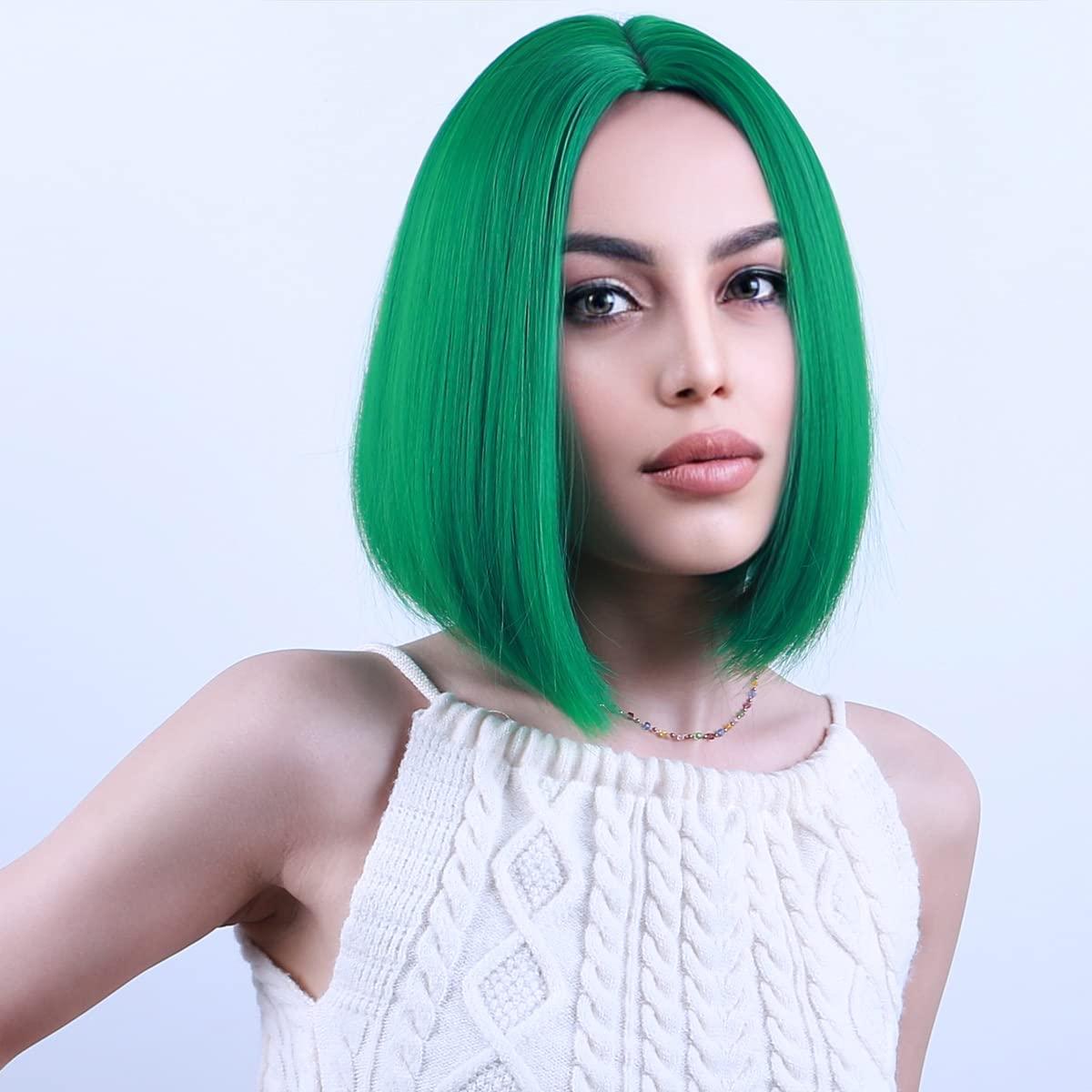 imageBlack Bob Wig for Women Short Black Wigs Straight Middle Part Black Hair Wig Natural Looking Heat Resistant Synthetic WigsGreen
