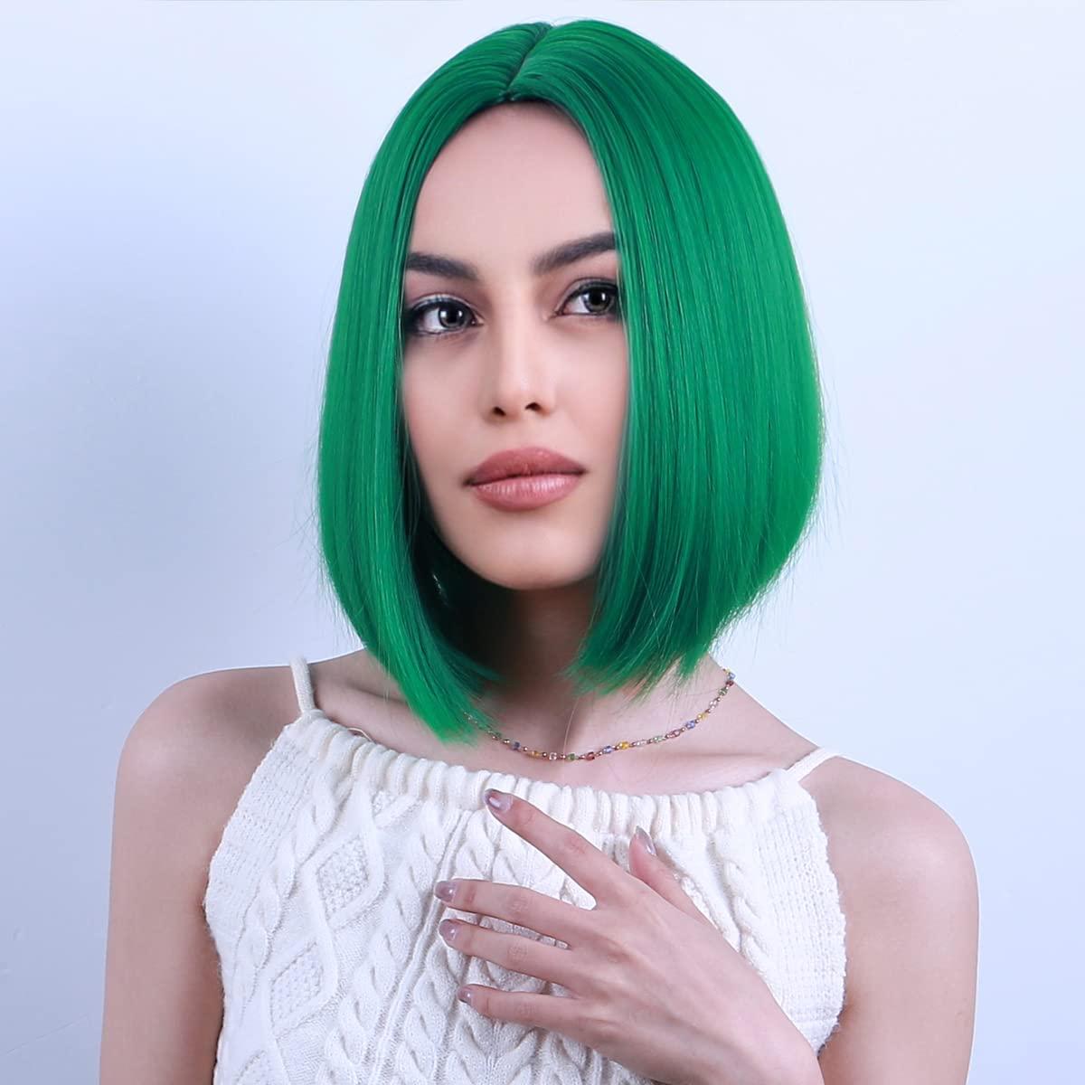 imageBlack Bob Wig for Women Short Black Wigs Straight Middle Part Black Hair Wig Natural Looking Heat Resistant Synthetic WigsGreen