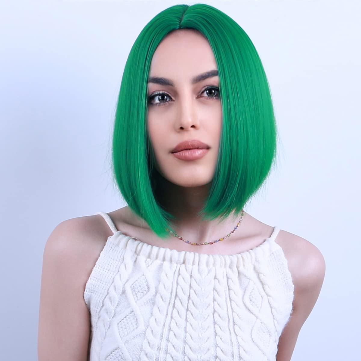 imageBlack Bob Wig for Women Short Black Wigs Straight Middle Part Black Hair Wig Natural Looking Heat Resistant Synthetic WigsGreen