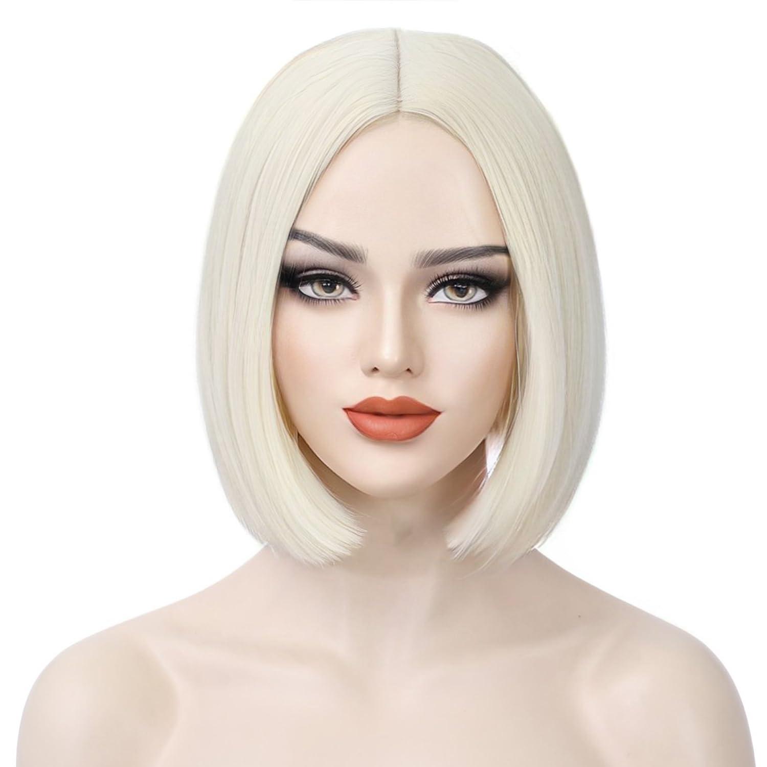 imageBlack Bob Wig for Women Short Black Wigs Straight Middle Part Black Hair Wig Natural Looking Heat Resistant Synthetic WigsPlatinum Blonde
