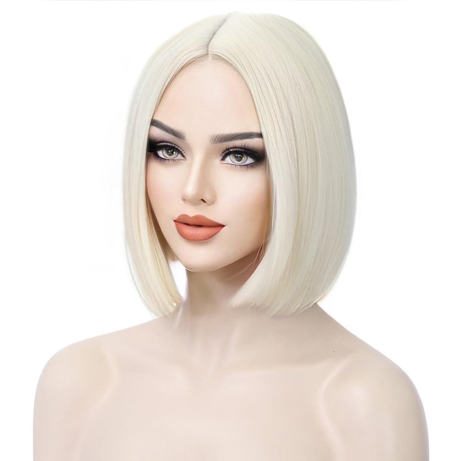 imageBlack Bob Wig for Women Short Black Wigs Straight Middle Part Black Hair Wig Natural Looking Heat Resistant Synthetic WigsPlatinum Blonde