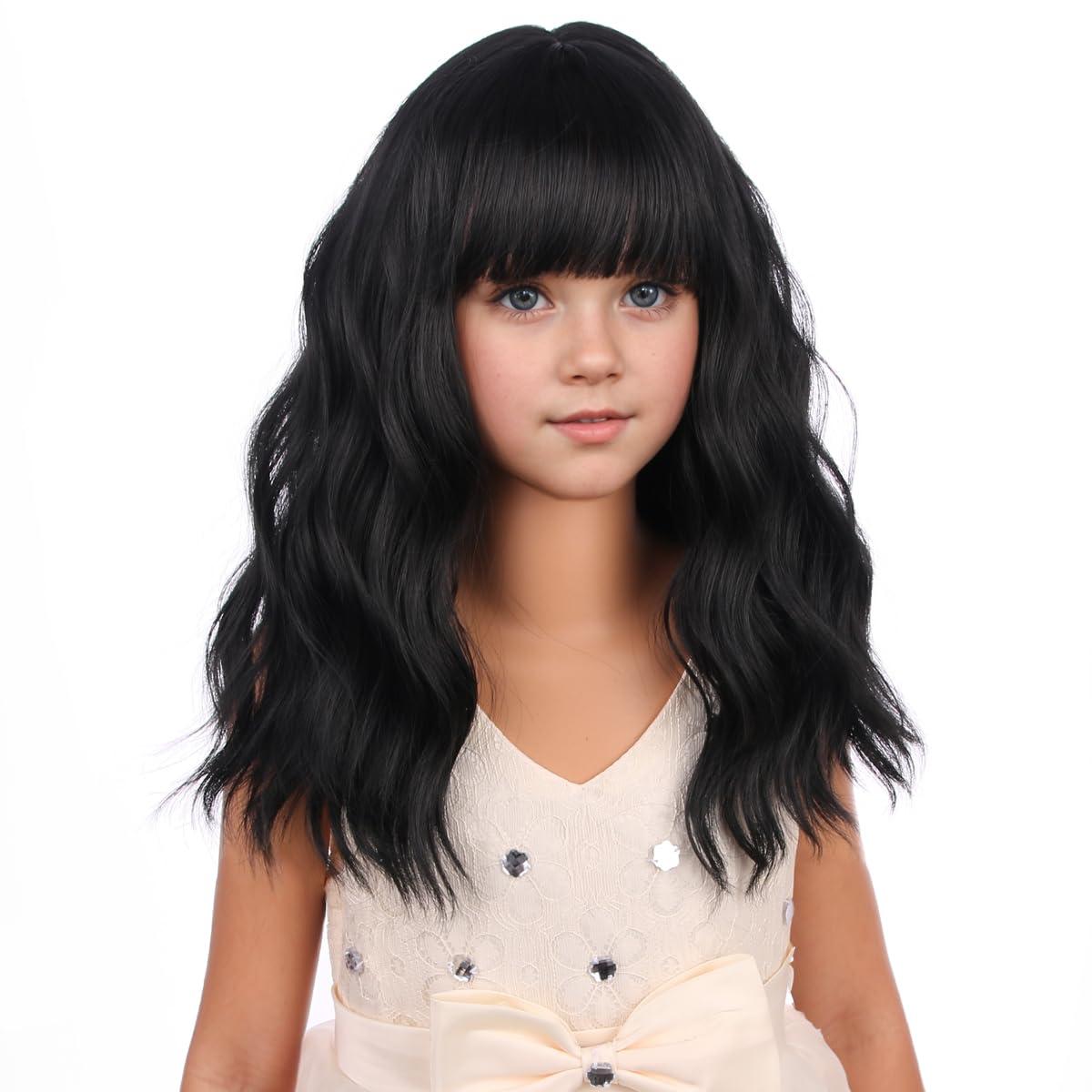 imageBlack Kids Child Wig Shoulder Length Black Wavy Wigs with Bangs for Gilrs Heat Resistant Synthetic Girls Wig Daily Wear WigsBlack