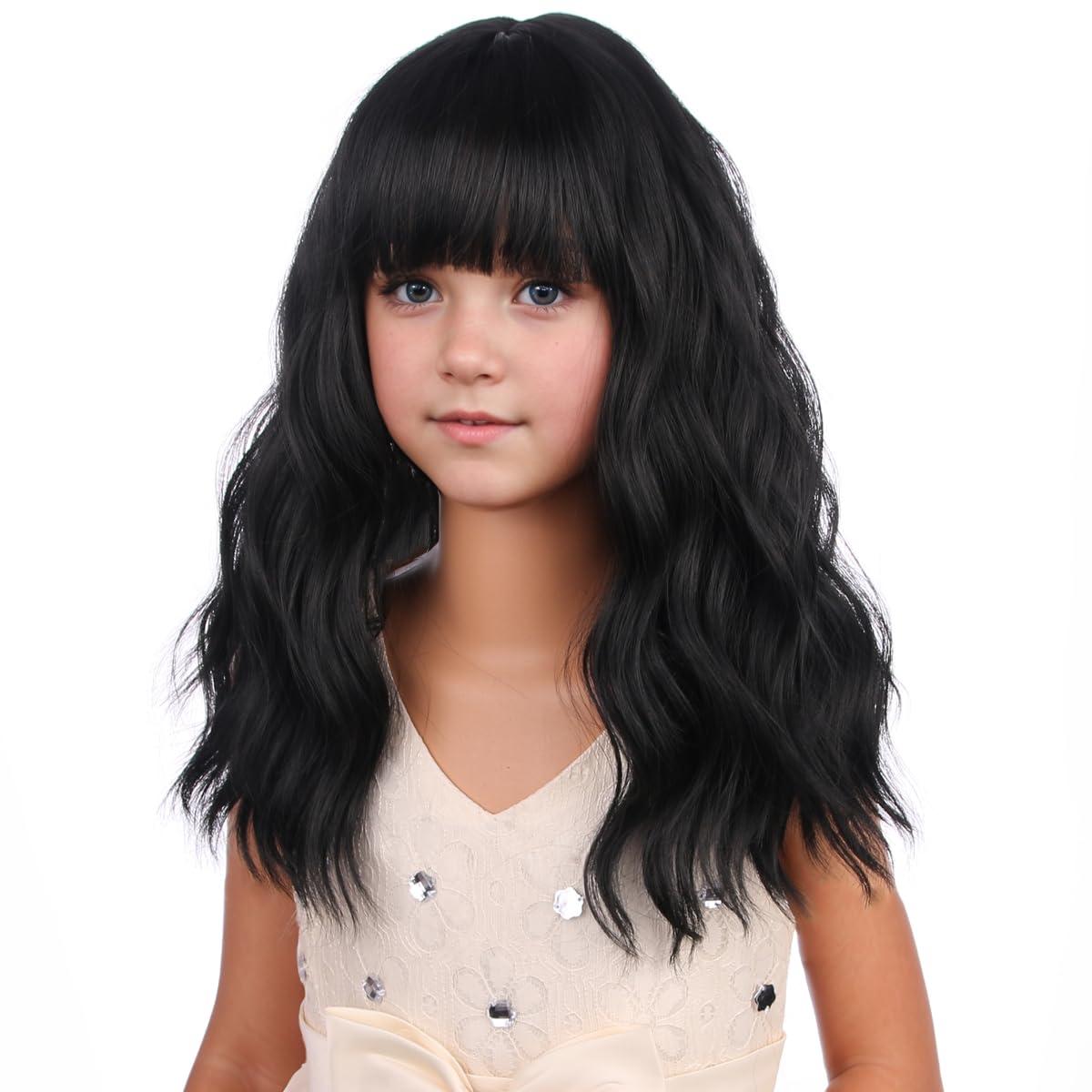 imageBlack Kids Child Wig Shoulder Length Black Wavy Wigs with Bangs for Gilrs Heat Resistant Synthetic Girls Wig Daily Wear WigsBlack