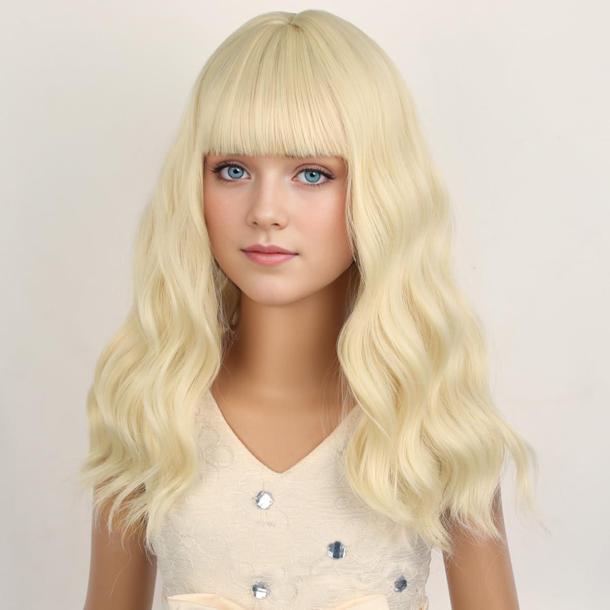 imageBlack Kids Child Wig Shoulder Length Black Wavy Wigs with Bangs for Gilrs Heat Resistant Synthetic Girls Wig Daily Wear WigsBlonde