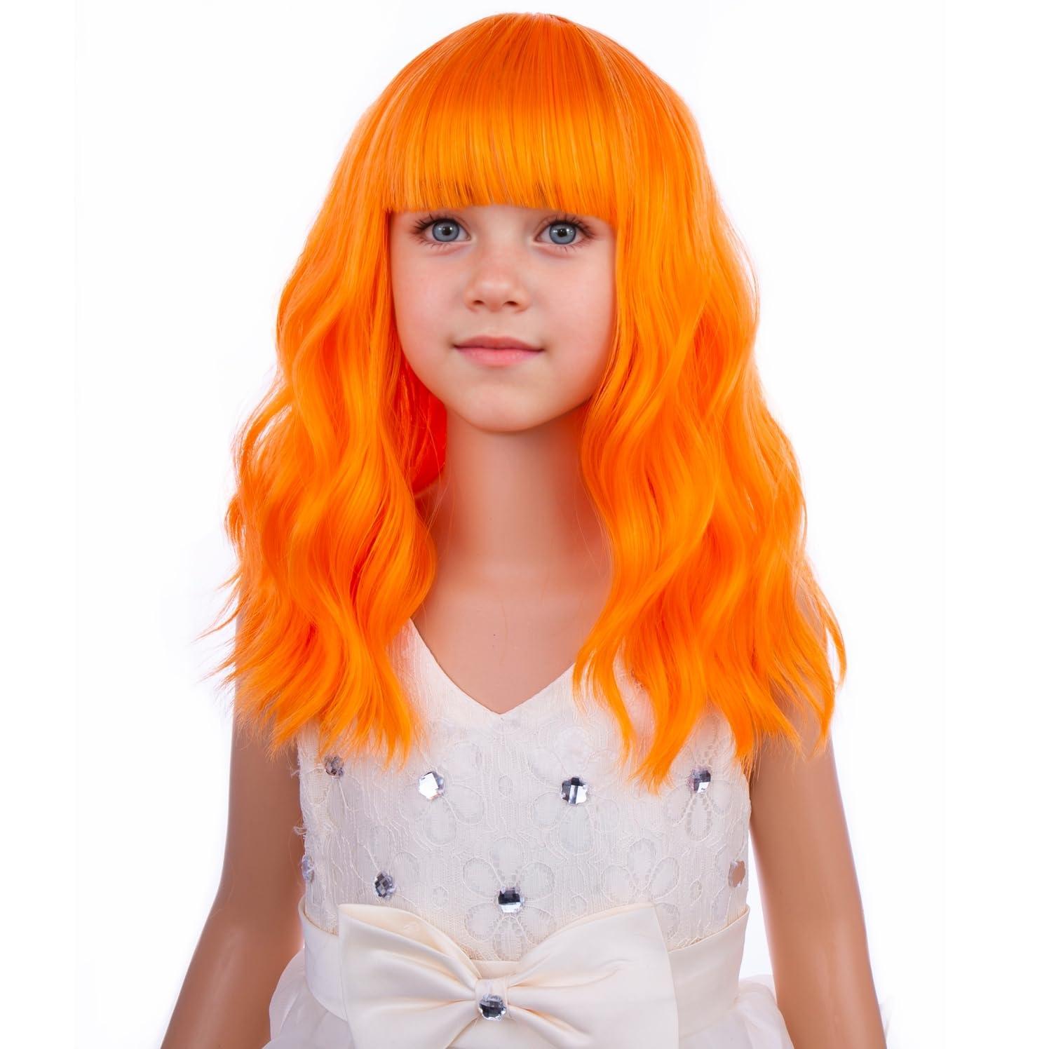 imageBlack Kids Child Wig Shoulder Length Black Wavy Wigs with Bangs for Gilrs Heat Resistant Synthetic Girls Wig Daily Wear WigsBright Orange