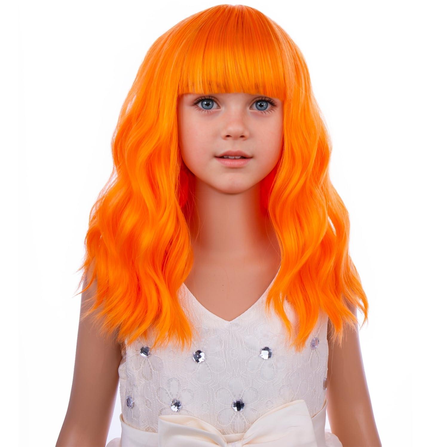 imageBlack Kids Child Wig Shoulder Length Black Wavy Wigs with Bangs for Gilrs Heat Resistant Synthetic Girls Wig Daily Wear WigsBright Orange