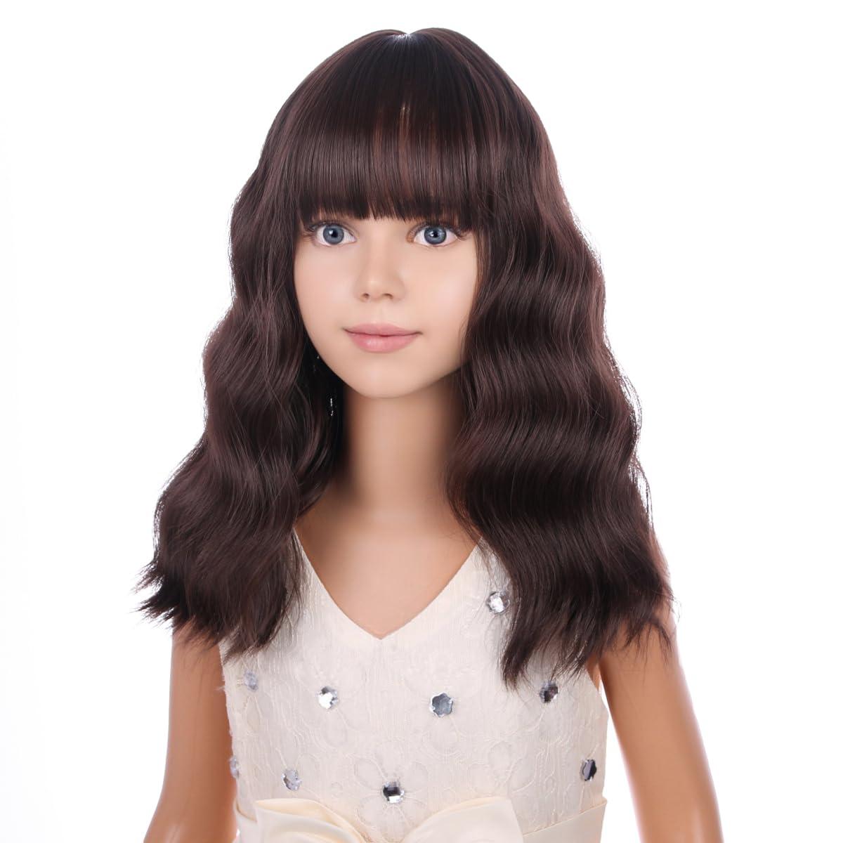 imageBlack Kids Child Wig Shoulder Length Black Wavy Wigs with Bangs for Gilrs Heat Resistant Synthetic Girls Wig Daily Wear WigsBrown