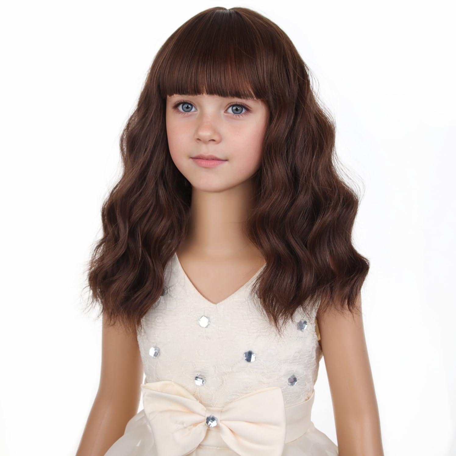imageBlack Kids Child Wig Shoulder Length Black Wavy Wigs with Bangs for Gilrs Heat Resistant Synthetic Girls Wig Daily Wear WigsChocolate Brown