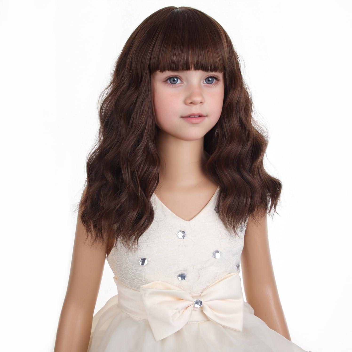 imageBlack Kids Child Wig Shoulder Length Black Wavy Wigs with Bangs for Gilrs Heat Resistant Synthetic Girls Wig Daily Wear WigsChocolate Brown