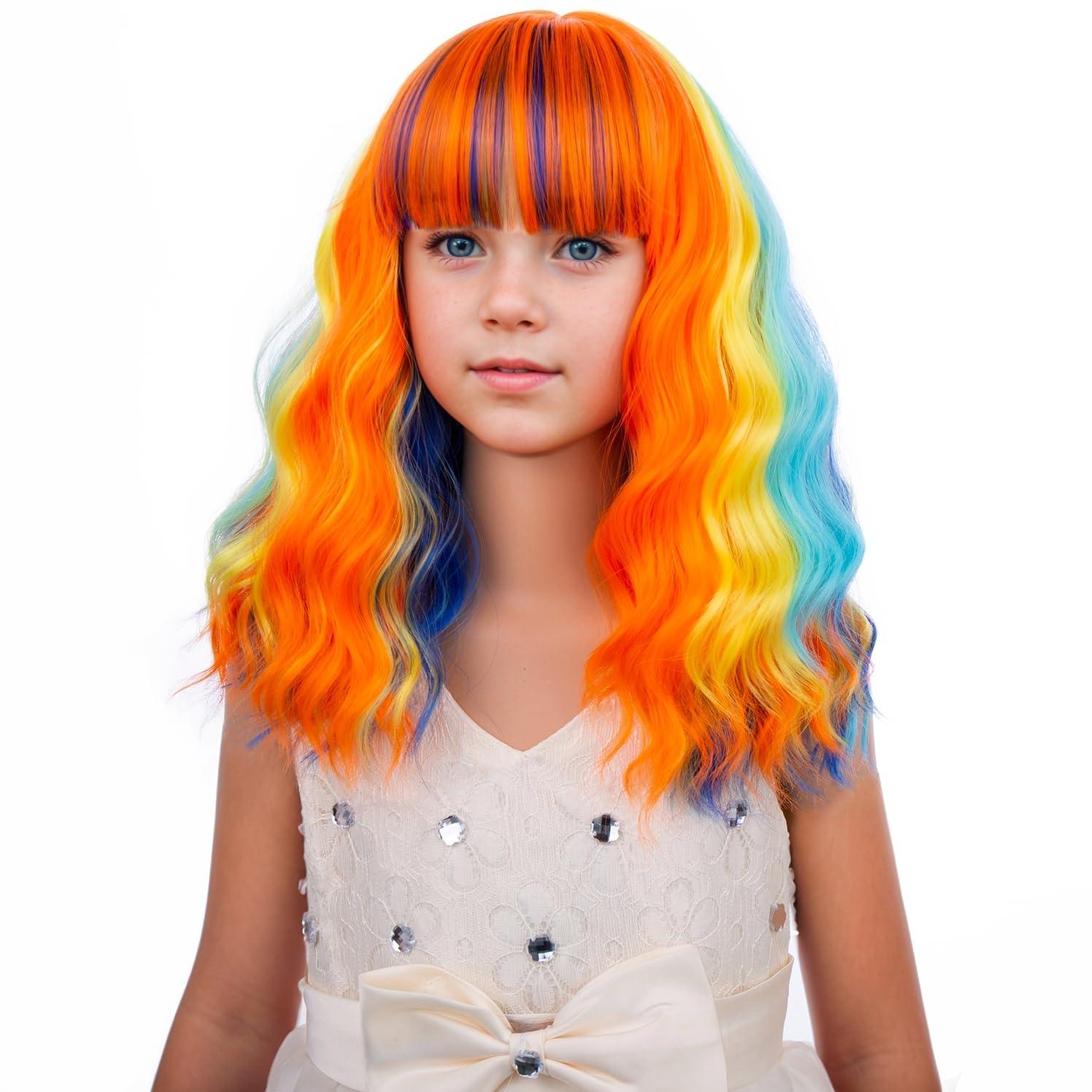 imageBlack Kids Child Wig Shoulder Length Black Wavy Wigs with Bangs for Gilrs Heat Resistant Synthetic Girls Wig Daily Wear WigsColorful