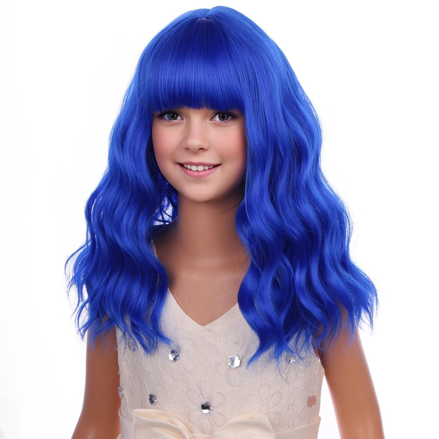 imageBlack Kids Child Wig Shoulder Length Black Wavy Wigs with Bangs for Gilrs Heat Resistant Synthetic Girls Wig Daily Wear WigsDark Blue