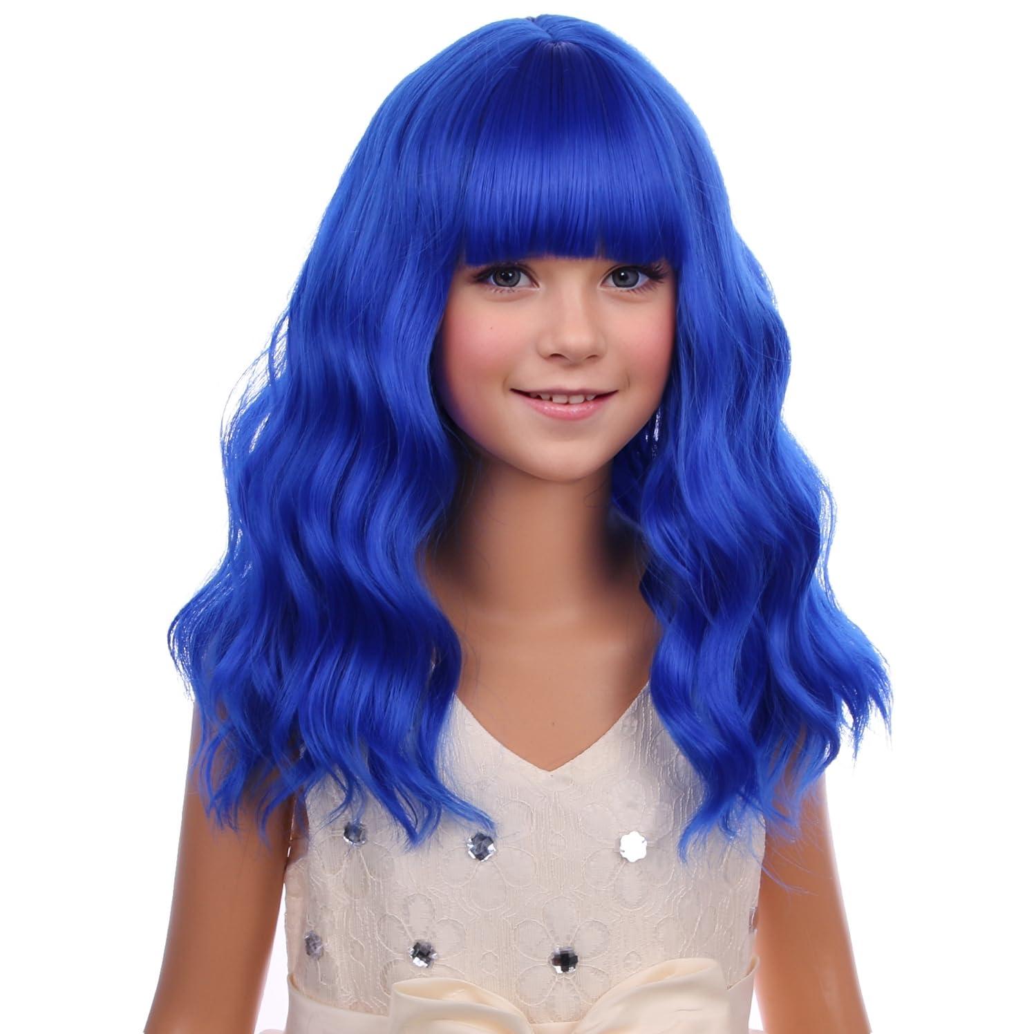 imageBlack Kids Child Wig Shoulder Length Black Wavy Wigs with Bangs for Gilrs Heat Resistant Synthetic Girls Wig Daily Wear WigsDark Blue