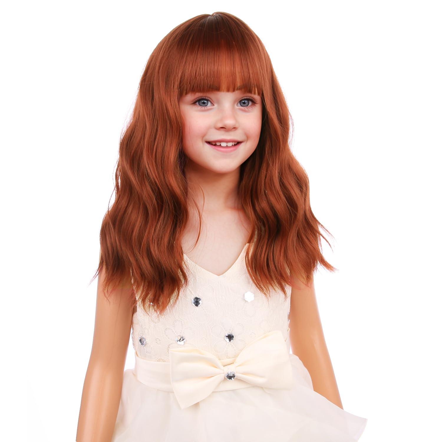 imageBlack Kids Child Wig Shoulder Length Black Wavy Wigs with Bangs for Gilrs Heat Resistant Synthetic Girls Wig Daily Wear WigsDark Orange