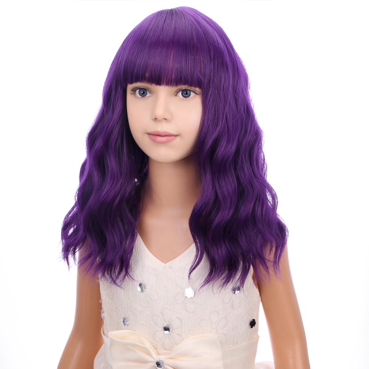 imageBlack Kids Child Wig Shoulder Length Black Wavy Wigs with Bangs for Gilrs Heat Resistant Synthetic Girls Wig Daily Wear WigsDark Purple