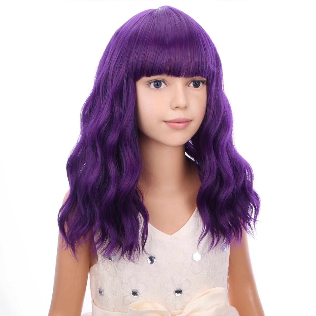 imageBlack Kids Child Wig Shoulder Length Black Wavy Wigs with Bangs for Gilrs Heat Resistant Synthetic Girls Wig Daily Wear WigsDark Purple