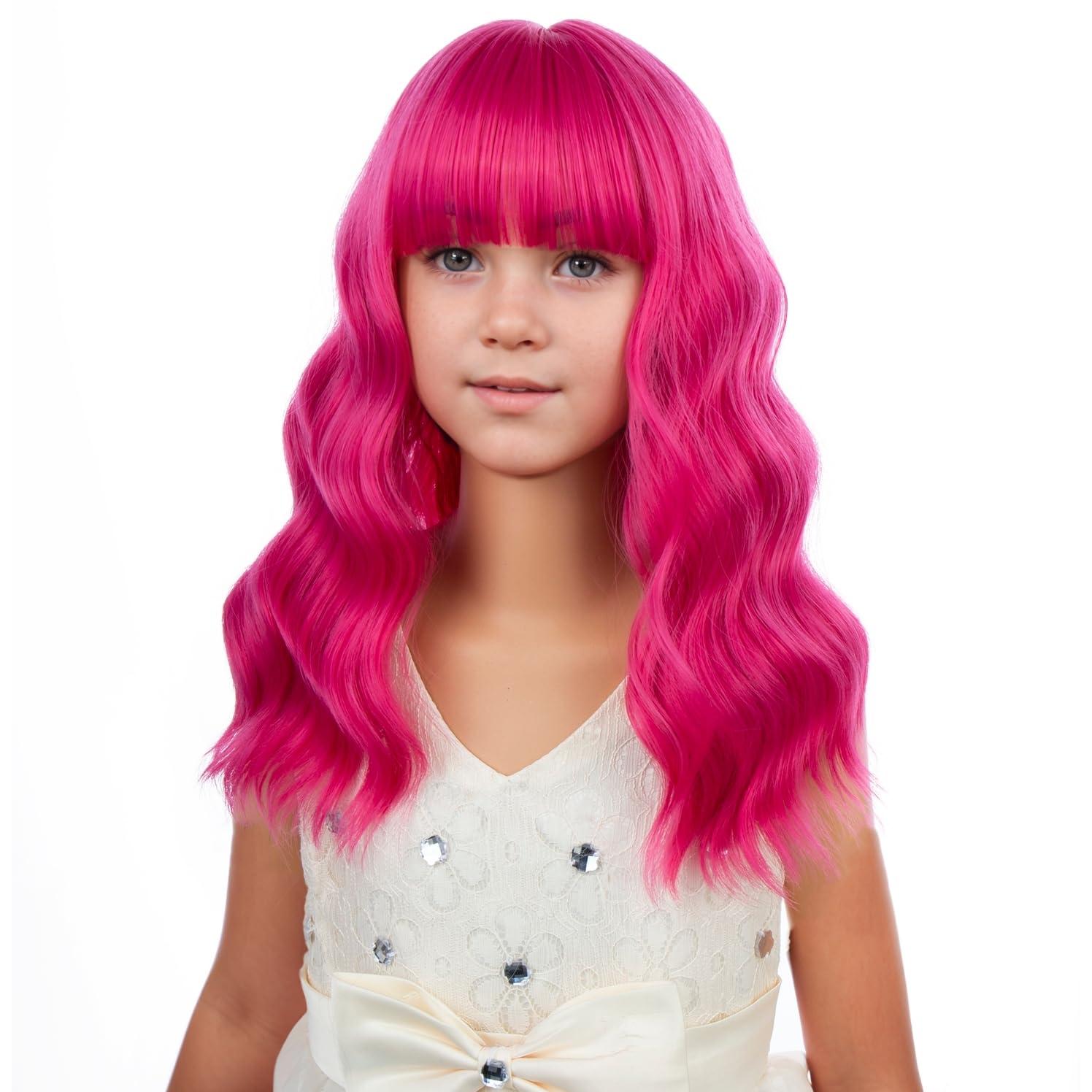 imageBlack Kids Child Wig Shoulder Length Black Wavy Wigs with Bangs for Gilrs Heat Resistant Synthetic Girls Wig Daily Wear WigsFashion Hot Pink