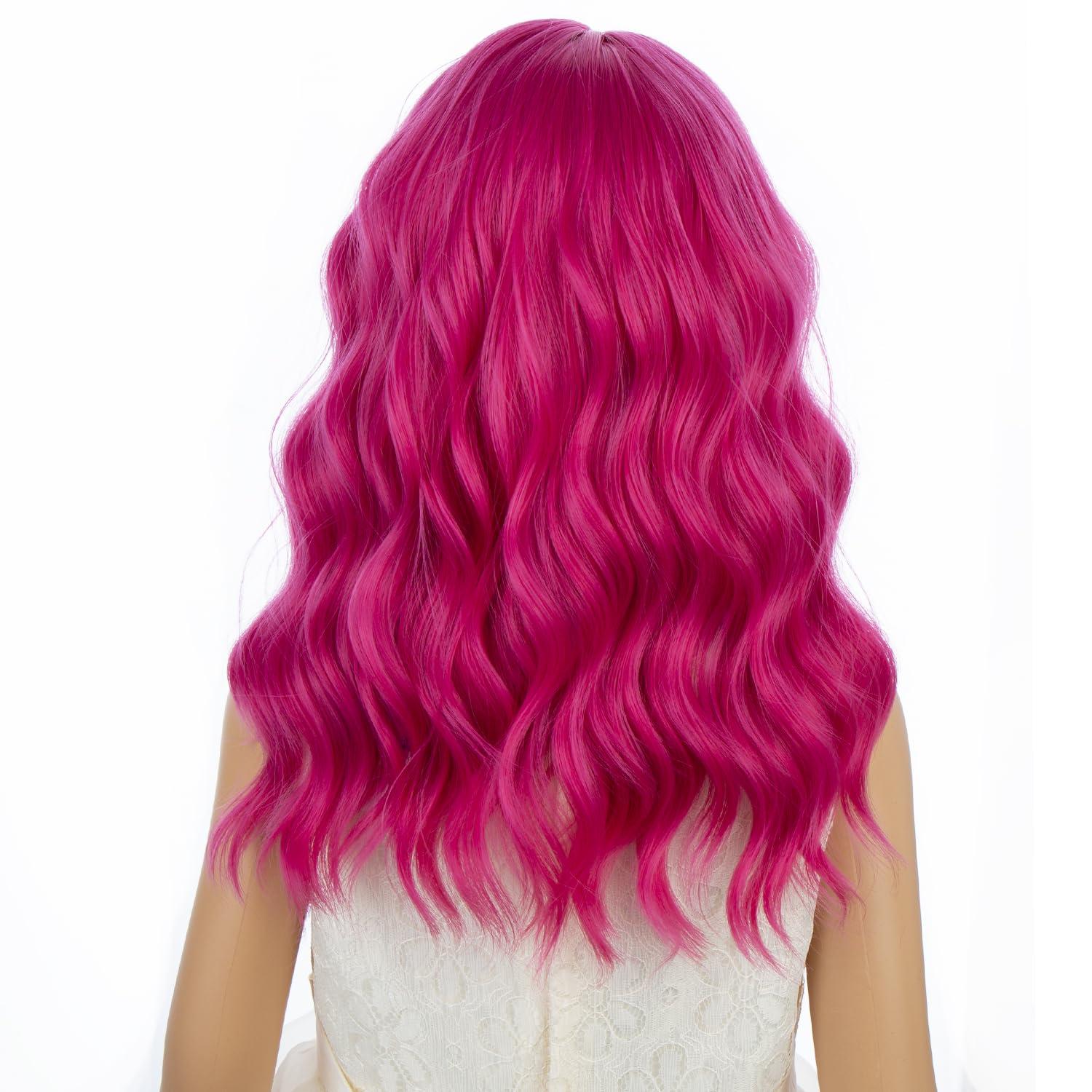 imageBlack Kids Child Wig Shoulder Length Black Wavy Wigs with Bangs for Gilrs Heat Resistant Synthetic Girls Wig Daily Wear WigsFashion Hot Pink