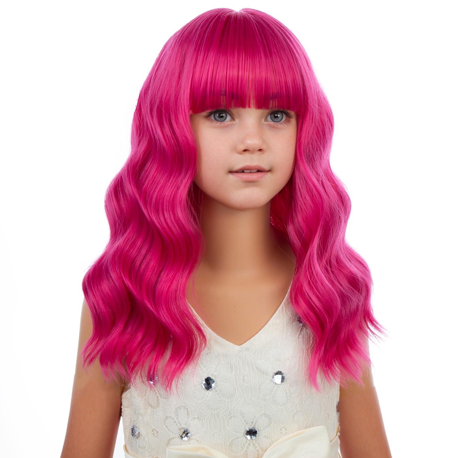 imageBlack Kids Child Wig Shoulder Length Black Wavy Wigs with Bangs for Gilrs Heat Resistant Synthetic Girls Wig Daily Wear WigsFashion Hot Pink