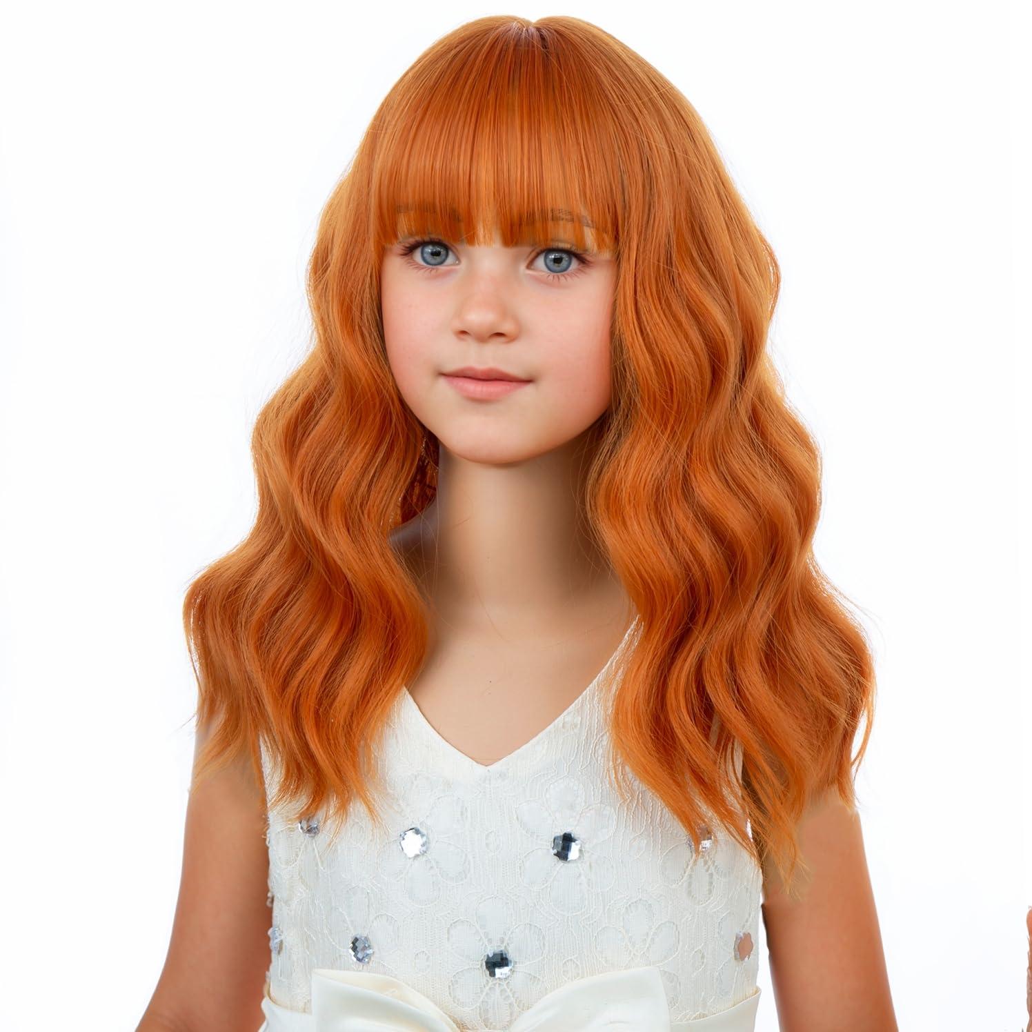 imageBlack Kids Child Wig Shoulder Length Black Wavy Wigs with Bangs for Gilrs Heat Resistant Synthetic Girls Wig Daily Wear WigsGinger