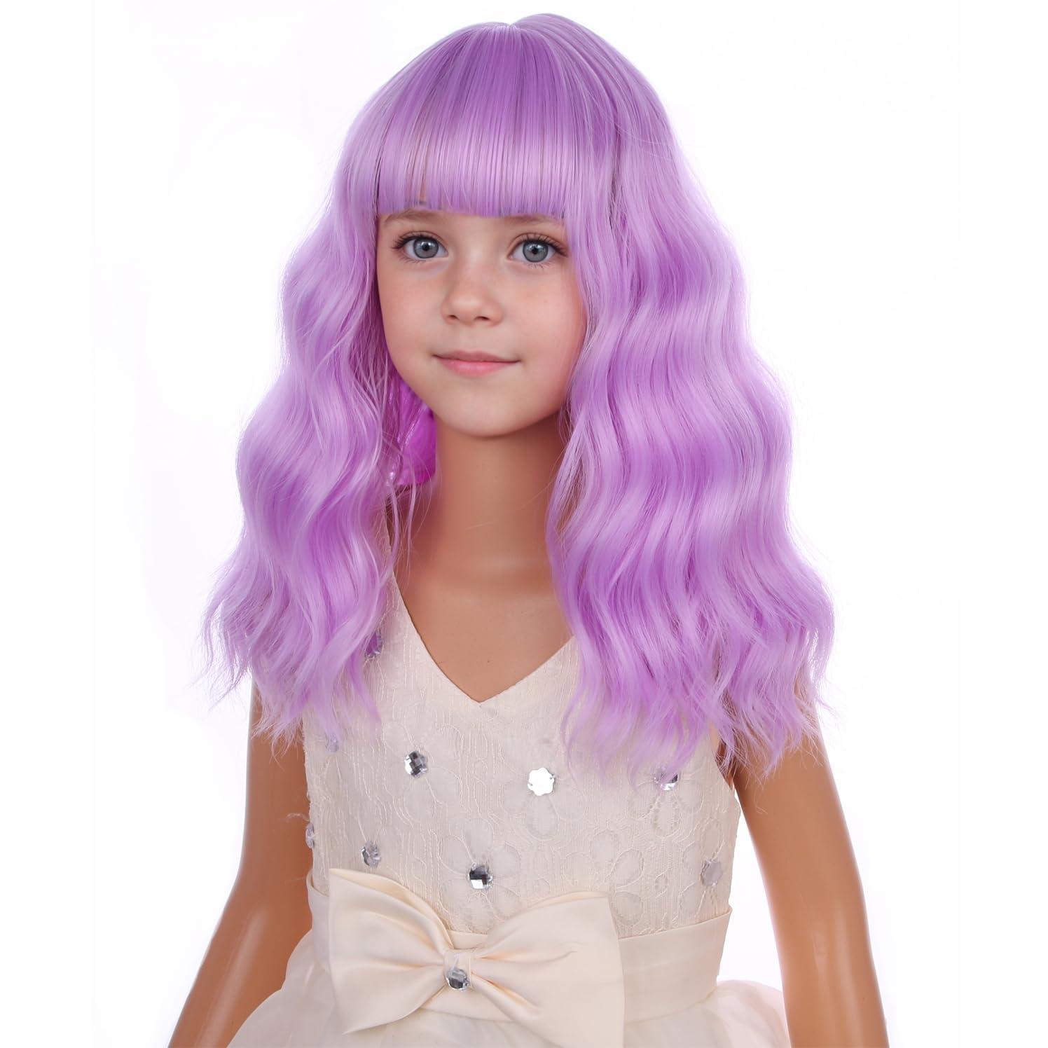 imageBlack Kids Child Wig Shoulder Length Black Wavy Wigs with Bangs for Gilrs Heat Resistant Synthetic Girls Wig Daily Wear WigsLavender Purple