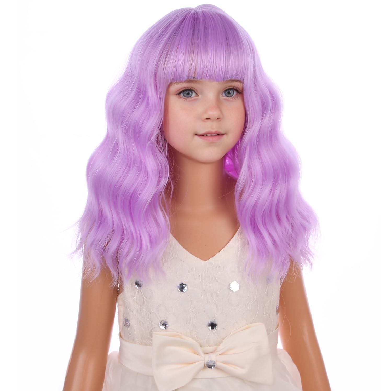 imageBlack Kids Child Wig Shoulder Length Black Wavy Wigs with Bangs for Gilrs Heat Resistant Synthetic Girls Wig Daily Wear WigsLavender Purple
