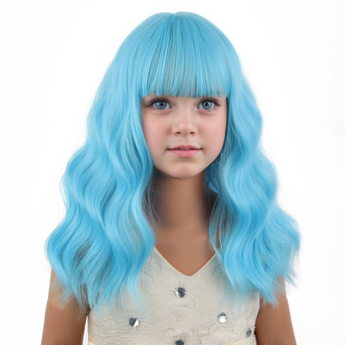 imageBlack Kids Child Wig Shoulder Length Black Wavy Wigs with Bangs for Gilrs Heat Resistant Synthetic Girls Wig Daily Wear WigsLight Blue