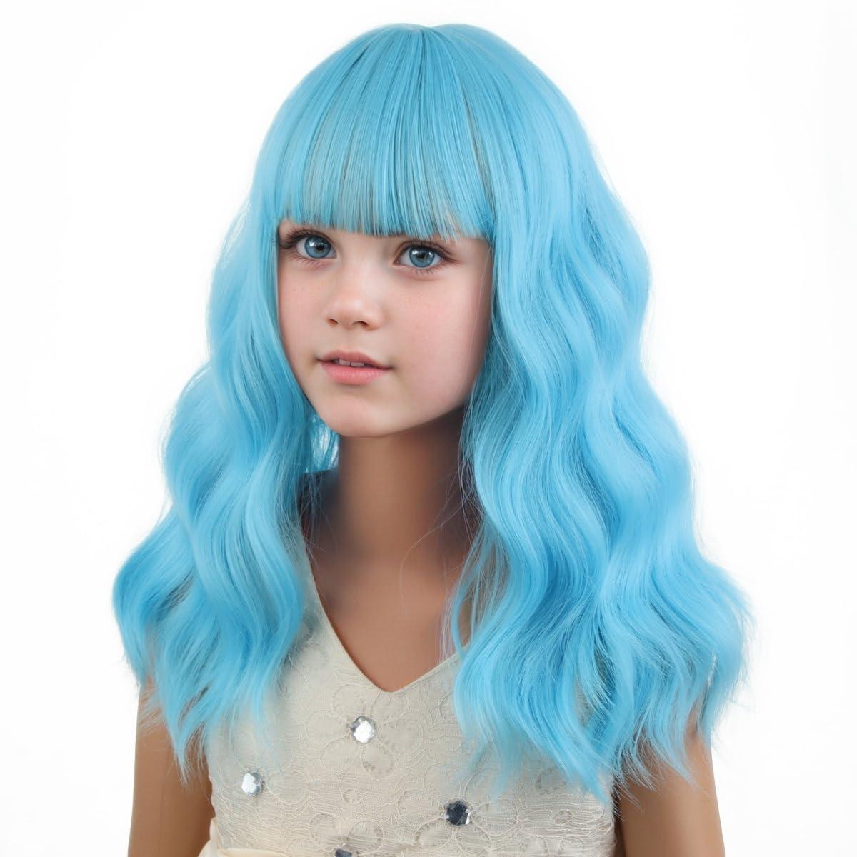 imageBlack Kids Child Wig Shoulder Length Black Wavy Wigs with Bangs for Gilrs Heat Resistant Synthetic Girls Wig Daily Wear WigsLight Blue