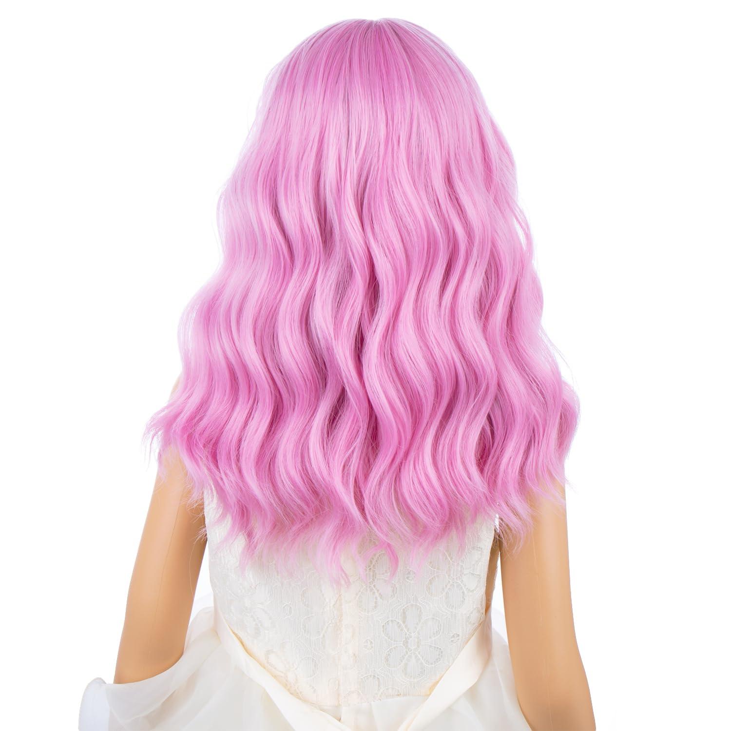 imageBlack Kids Child Wig Shoulder Length Black Wavy Wigs with Bangs for Gilrs Heat Resistant Synthetic Girls Wig Daily Wear WigsLight Pink