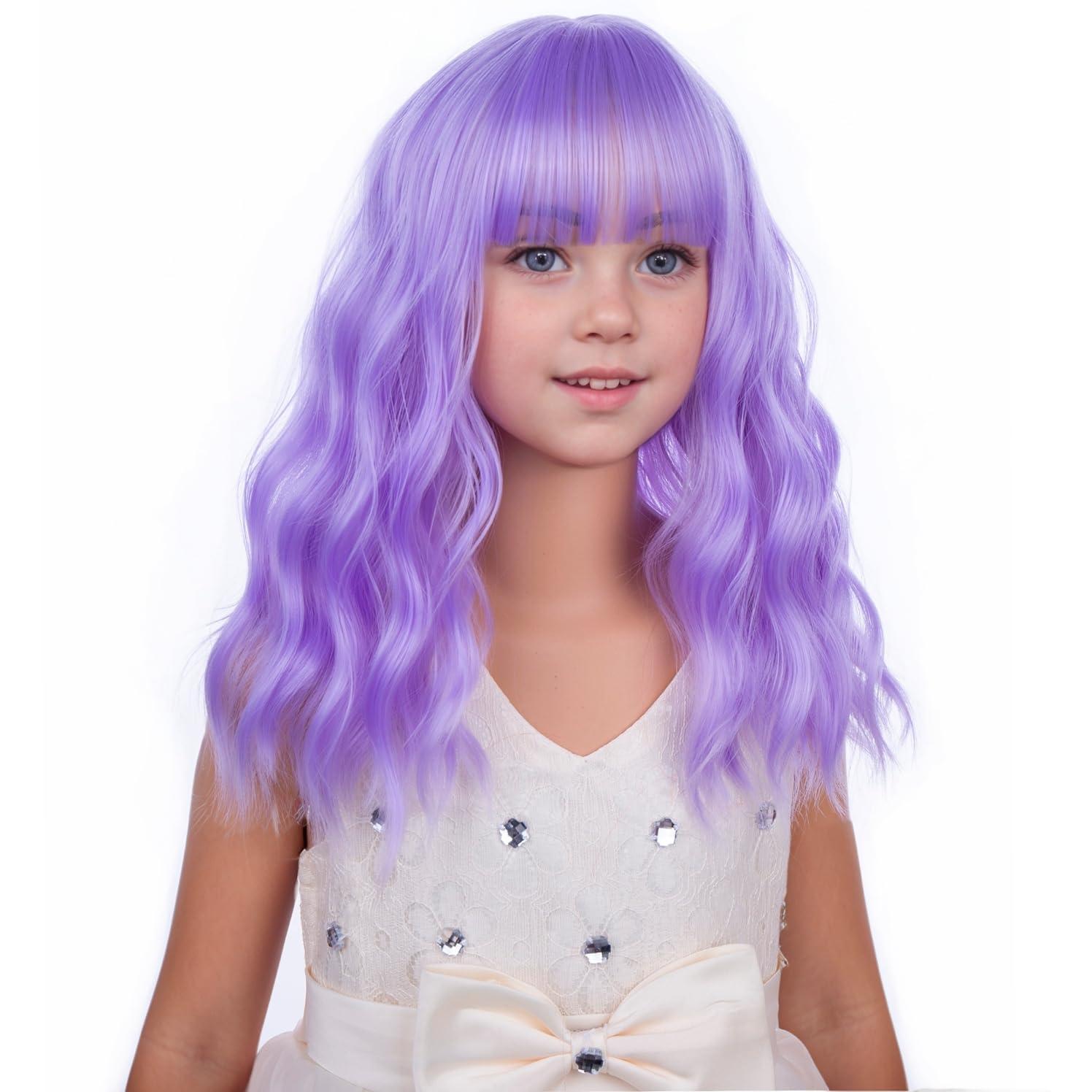 imageBlack Kids Child Wig Shoulder Length Black Wavy Wigs with Bangs for Gilrs Heat Resistant Synthetic Girls Wig Daily Wear WigsLight Purple