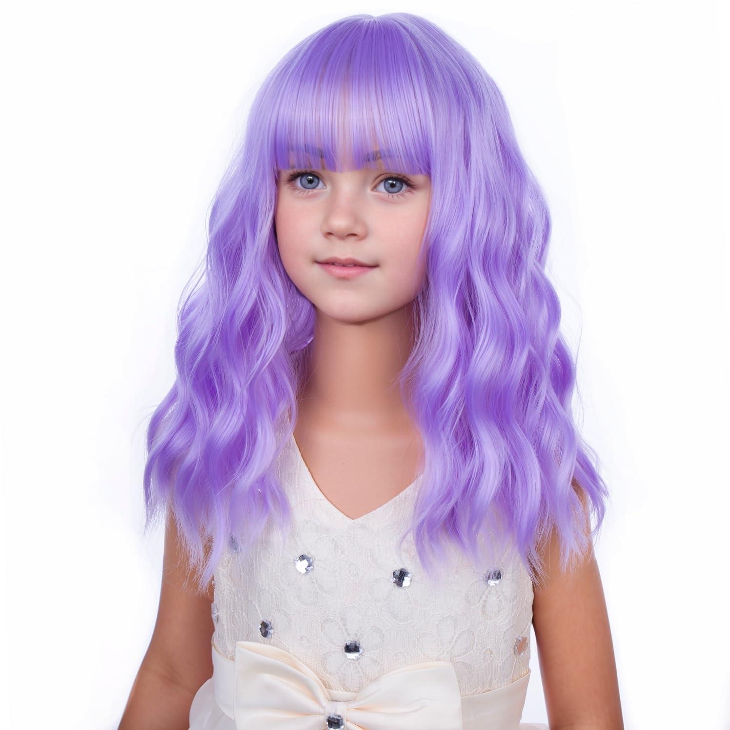 imageBlack Kids Child Wig Shoulder Length Black Wavy Wigs with Bangs for Gilrs Heat Resistant Synthetic Girls Wig Daily Wear WigsLight Purple