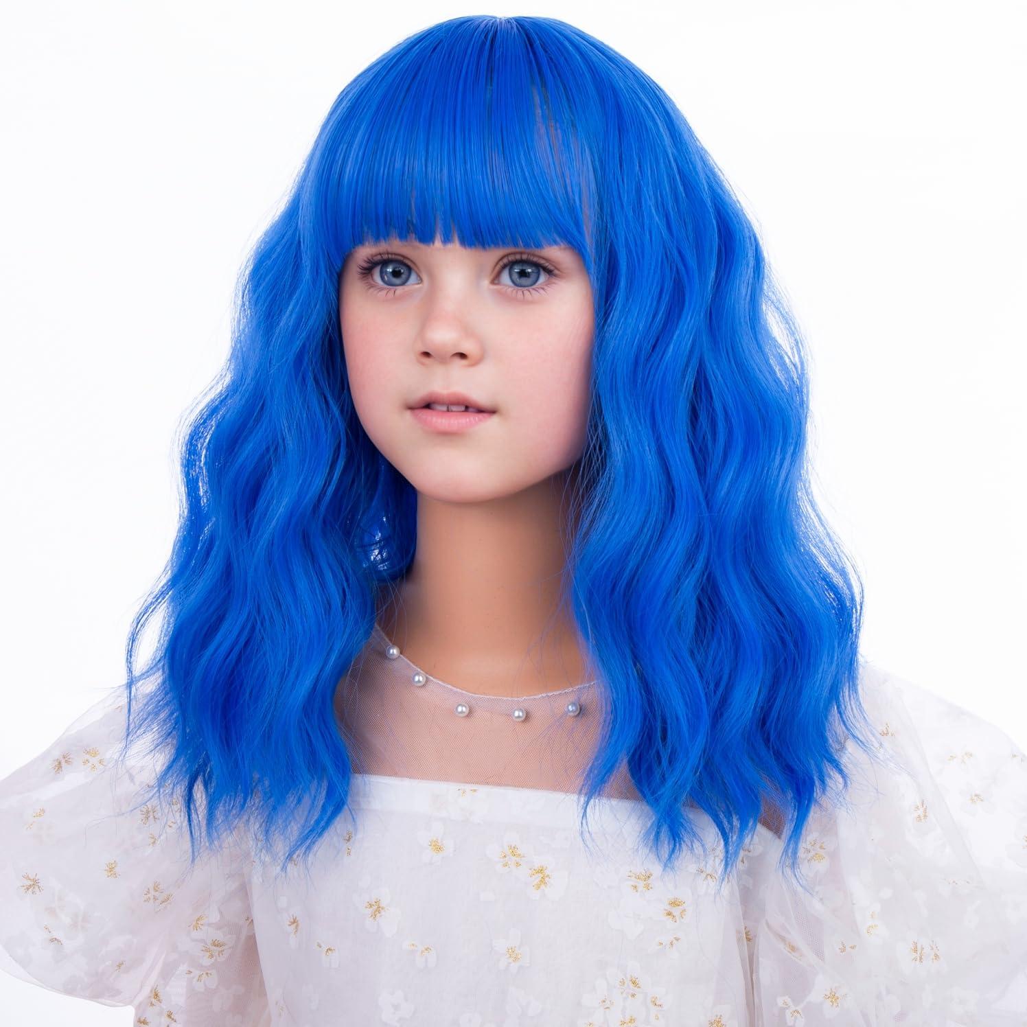 imageBlack Kids Child Wig Shoulder Length Black Wavy Wigs with Bangs for Gilrs Heat Resistant Synthetic Girls Wig Daily Wear WigsMixed Blue