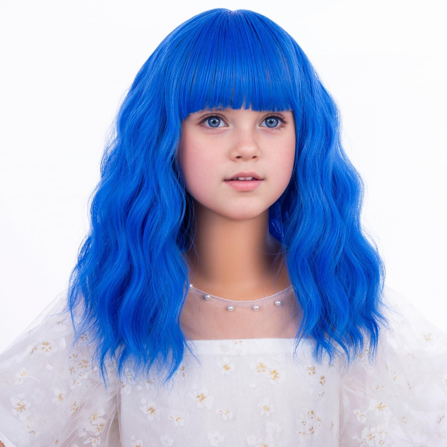 imageBlack Kids Child Wig Shoulder Length Black Wavy Wigs with Bangs for Gilrs Heat Resistant Synthetic Girls Wig Daily Wear WigsMixed Blue