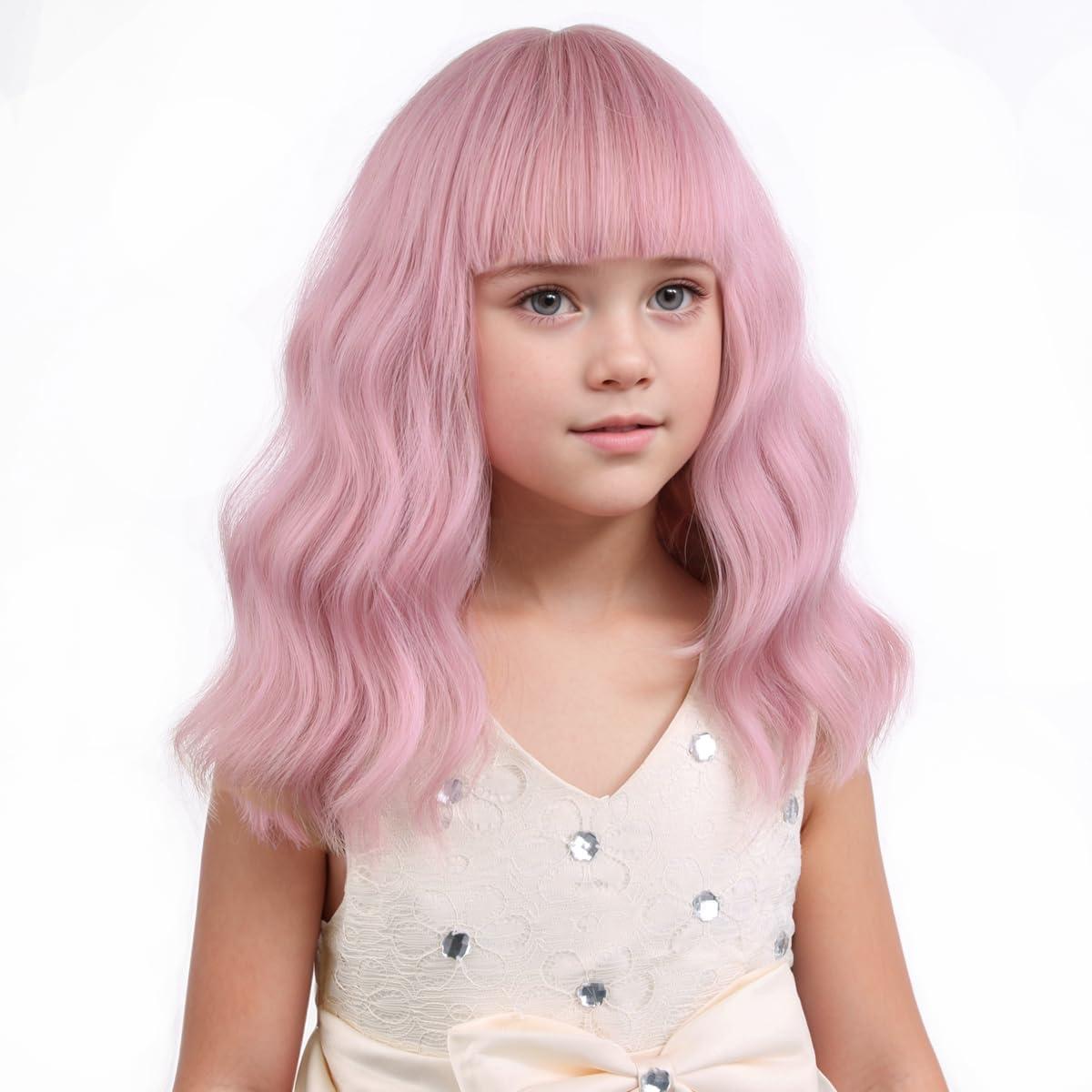 imageBlack Kids Child Wig Shoulder Length Black Wavy Wigs with Bangs for Gilrs Heat Resistant Synthetic Girls Wig Daily Wear WigsMixed Pink