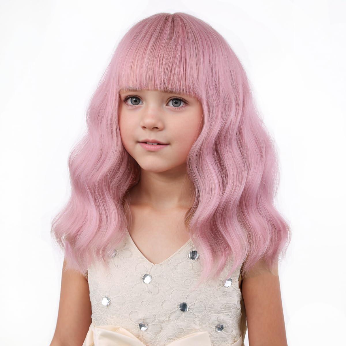imageBlack Kids Child Wig Shoulder Length Black Wavy Wigs with Bangs for Gilrs Heat Resistant Synthetic Girls Wig Daily Wear WigsMixed Pink