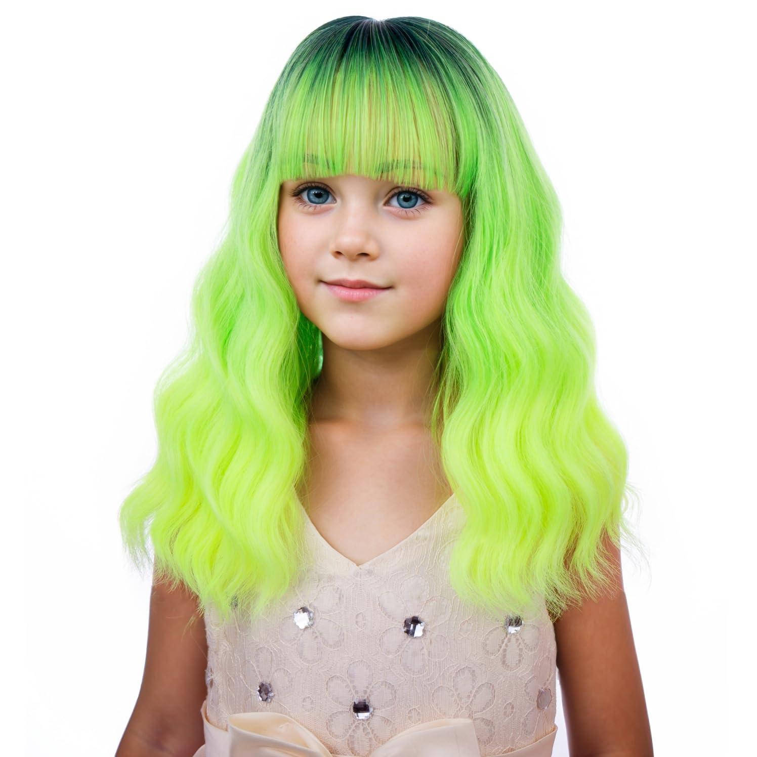 imageBlack Kids Child Wig Shoulder Length Black Wavy Wigs with Bangs for Gilrs Heat Resistant Synthetic Girls Wig Daily Wear WigsNeon Green