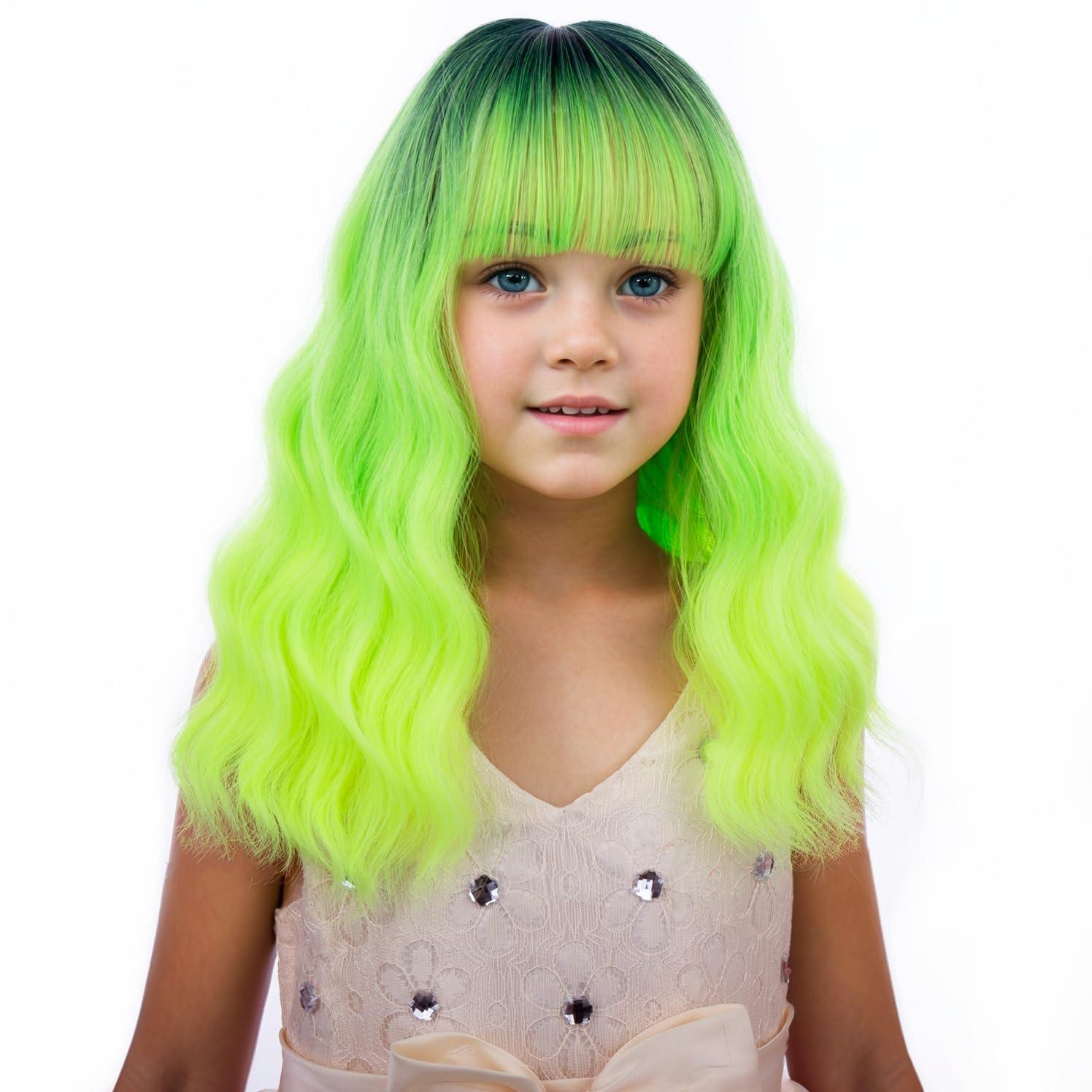 imageBlack Kids Child Wig Shoulder Length Black Wavy Wigs with Bangs for Gilrs Heat Resistant Synthetic Girls Wig Daily Wear WigsNeon Green