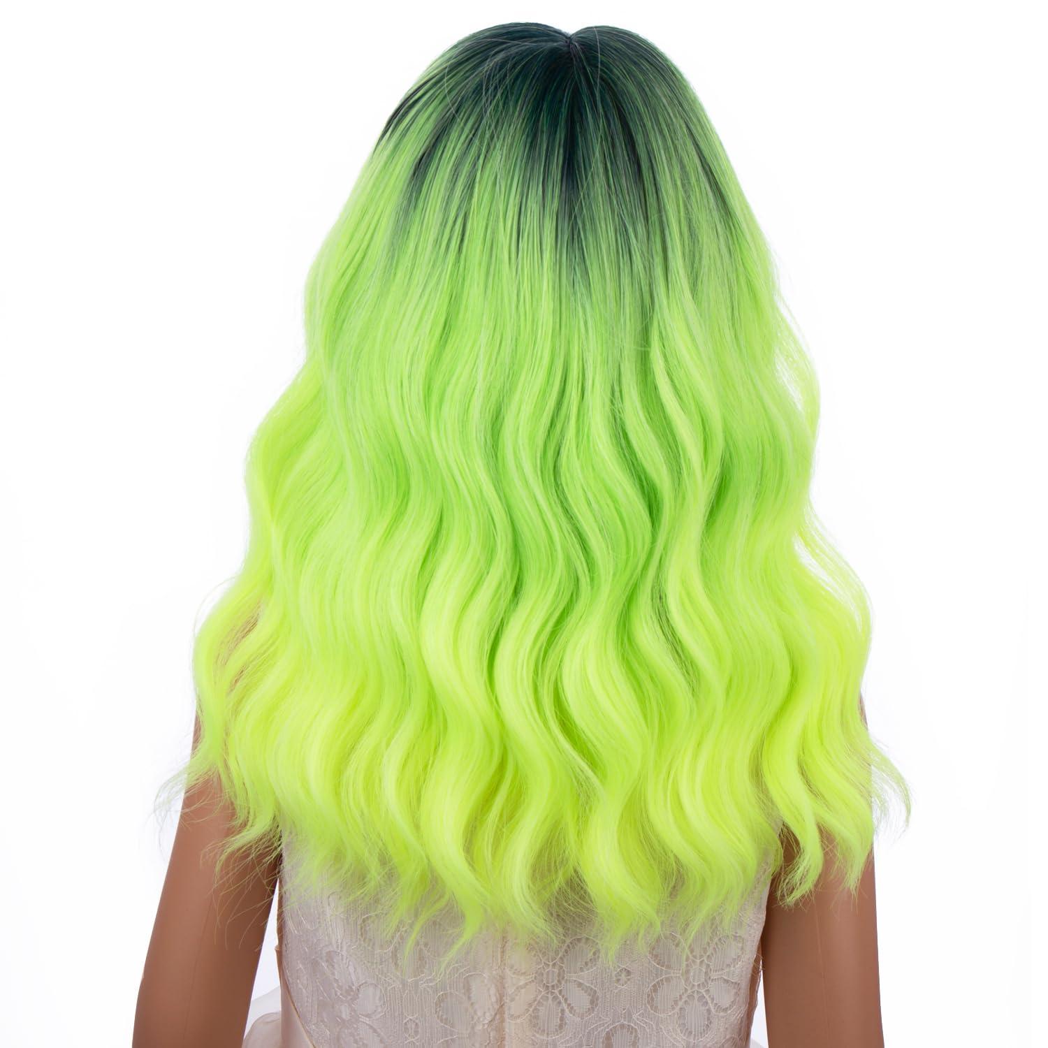 imageBlack Kids Child Wig Shoulder Length Black Wavy Wigs with Bangs for Gilrs Heat Resistant Synthetic Girls Wig Daily Wear WigsNeon Green