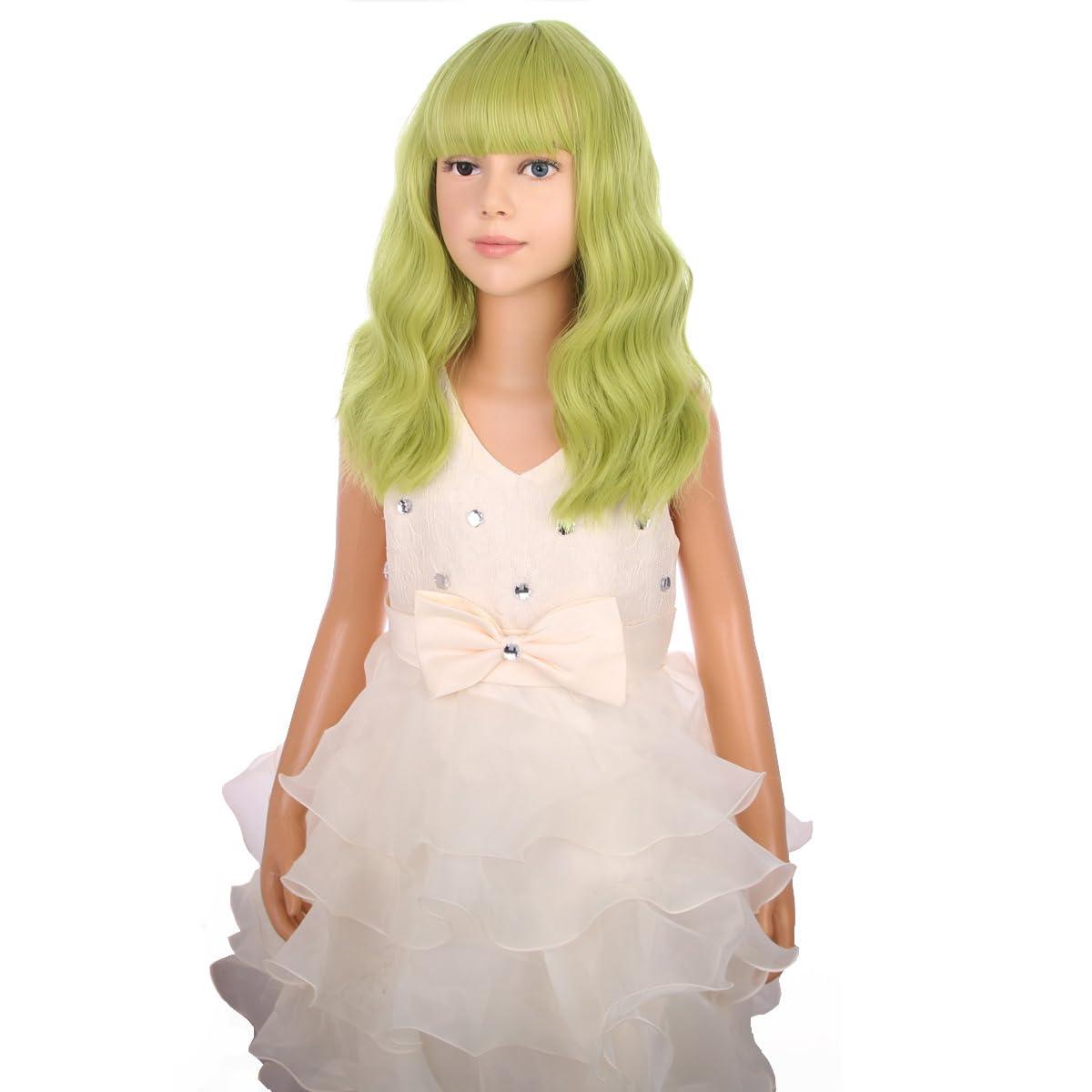 imageBlack Kids Child Wig Shoulder Length Black Wavy Wigs with Bangs for Gilrs Heat Resistant Synthetic Girls Wig Daily Wear WigsOlive Green