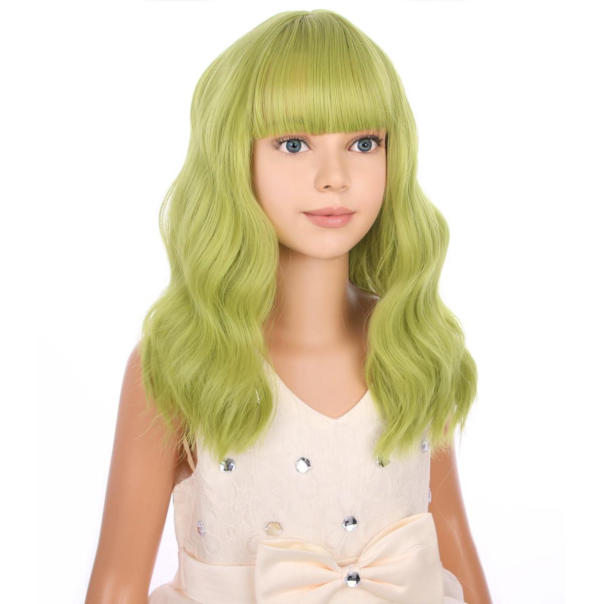 imageBlack Kids Child Wig Shoulder Length Black Wavy Wigs with Bangs for Gilrs Heat Resistant Synthetic Girls Wig Daily Wear WigsOlive Green