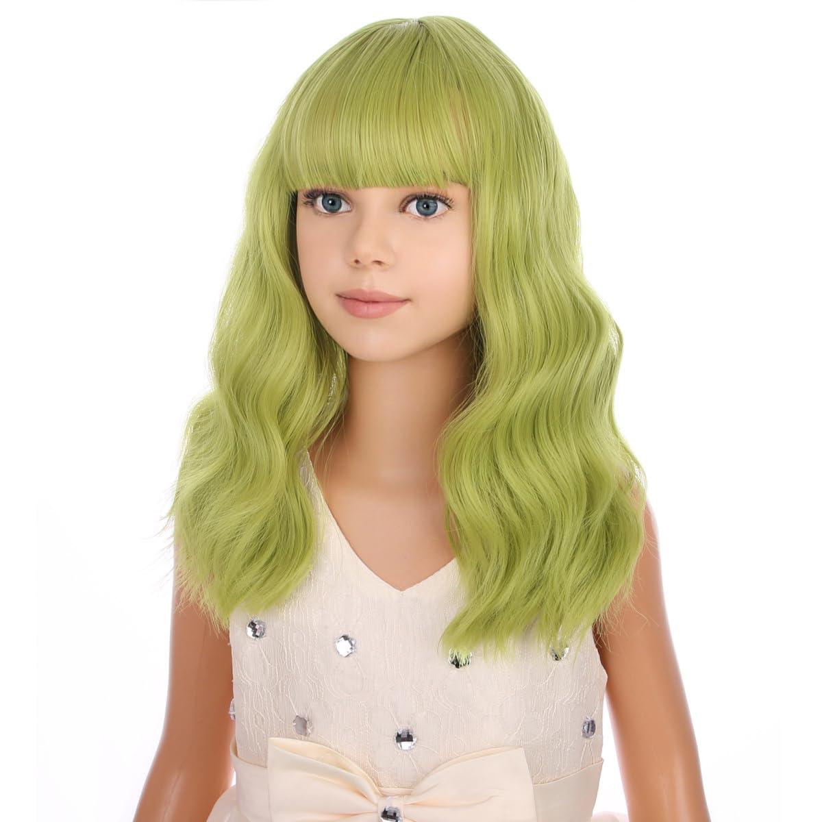 imageBlack Kids Child Wig Shoulder Length Black Wavy Wigs with Bangs for Gilrs Heat Resistant Synthetic Girls Wig Daily Wear WigsOlive Green