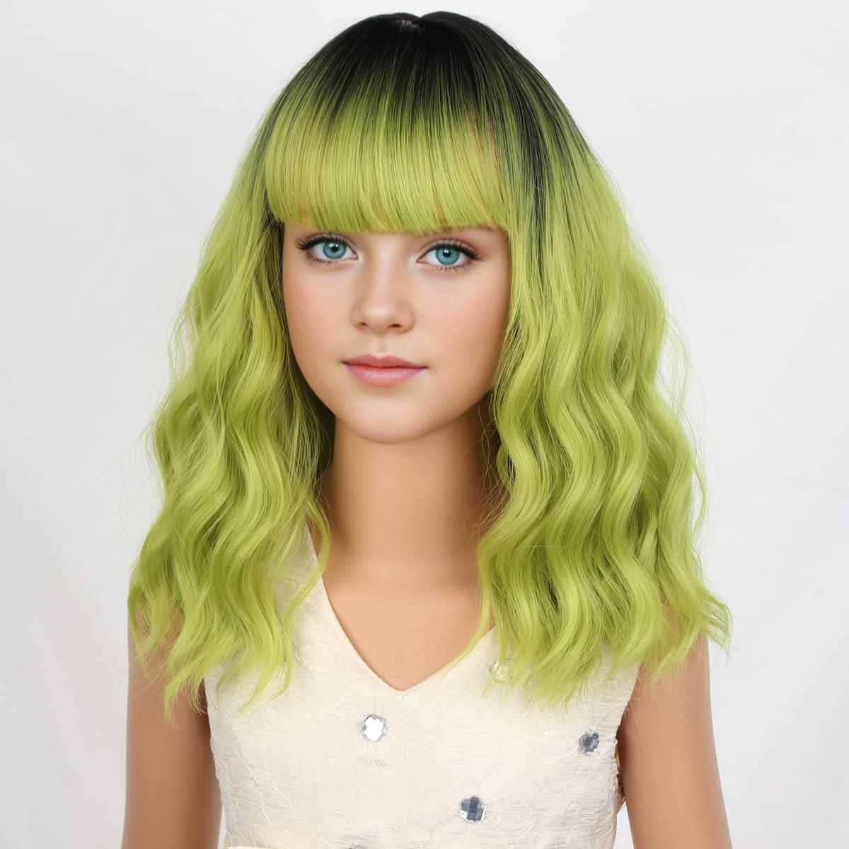 imageBlack Kids Child Wig Shoulder Length Black Wavy Wigs with Bangs for Gilrs Heat Resistant Synthetic Girls Wig Daily Wear WigsOmbre Green
