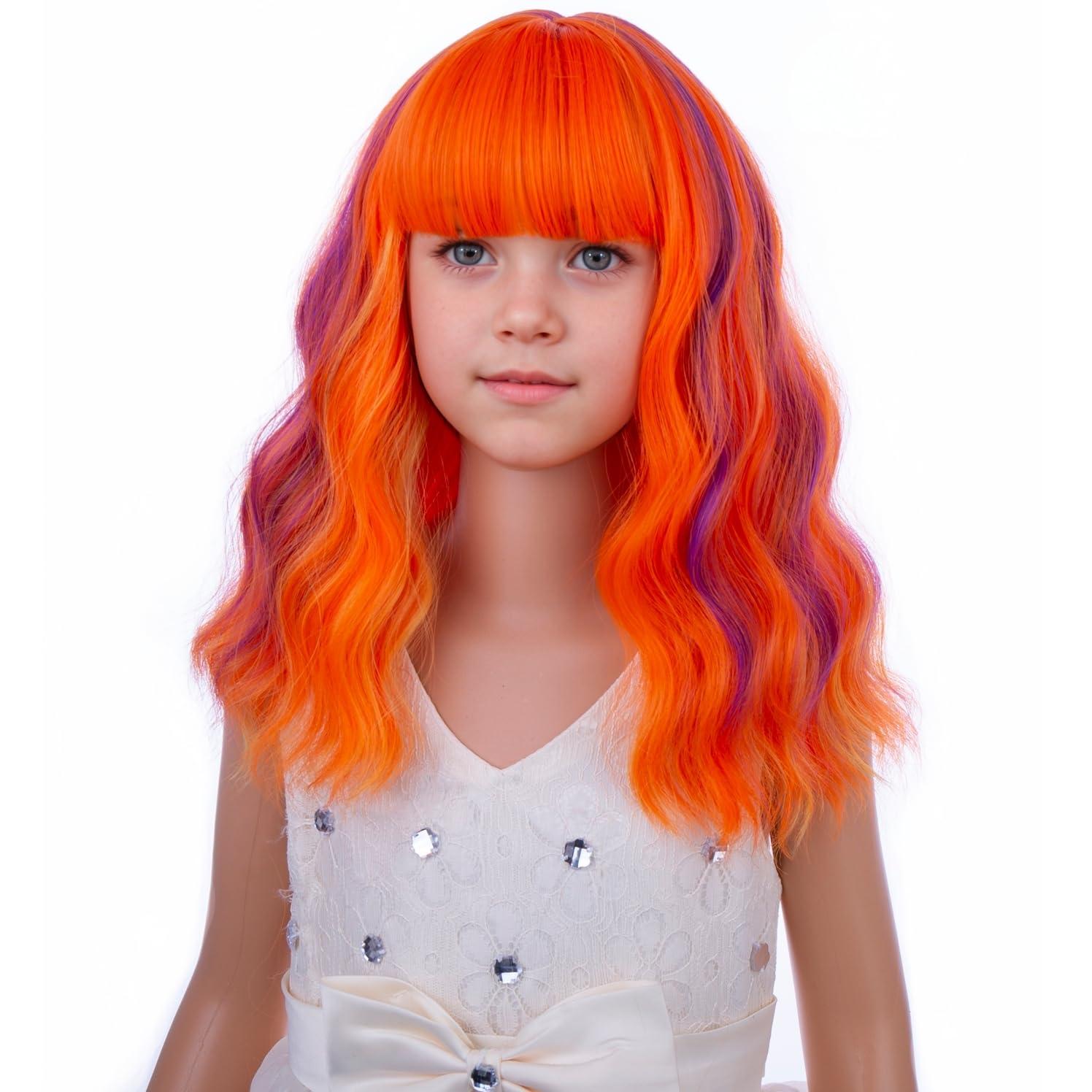 imageBlack Kids Child Wig Shoulder Length Black Wavy Wigs with Bangs for Gilrs Heat Resistant Synthetic Girls Wig Daily Wear WigsOrange Purple Mixed Pink