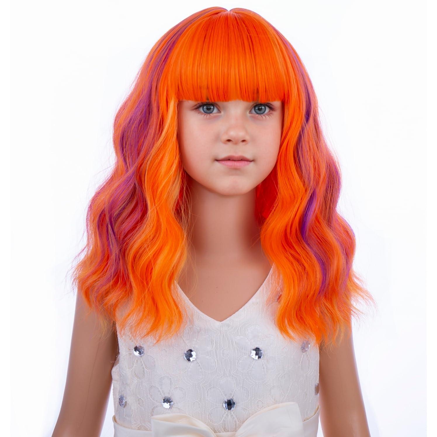 imageBlack Kids Child Wig Shoulder Length Black Wavy Wigs with Bangs for Gilrs Heat Resistant Synthetic Girls Wig Daily Wear WigsOrange Purple Mixed Pink