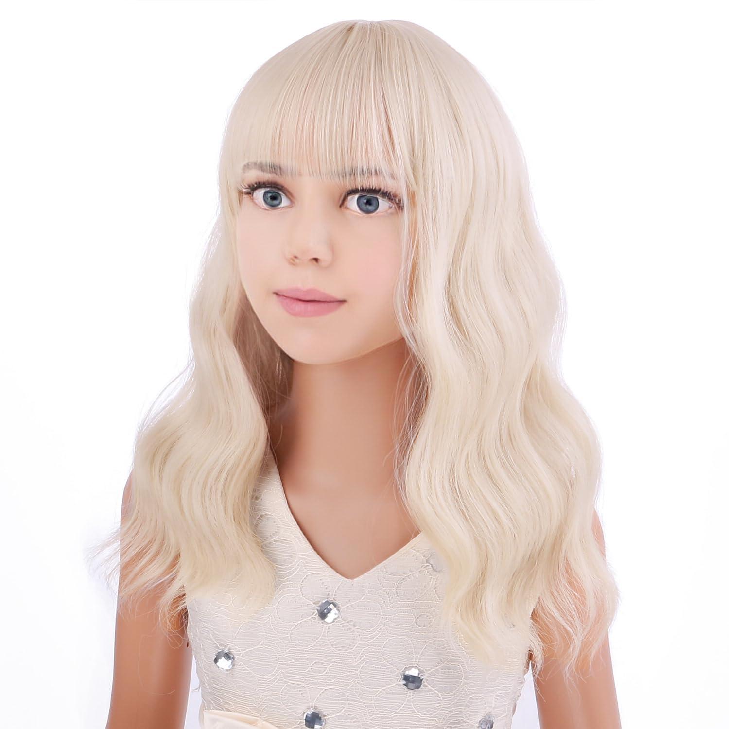imageBlack Kids Child Wig Shoulder Length Black Wavy Wigs with Bangs for Gilrs Heat Resistant Synthetic Girls Wig Daily Wear WigsPlatinum Blonde